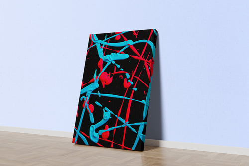 vibrant abstract splatters of bright red and cyan paint on a solid black background, abstract, art, kanvas tablo