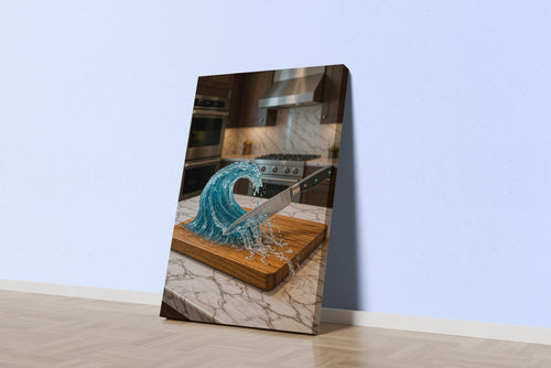 ai creation, a knife that cuts the water wave on the board on the kitchen counter, ai art, art, kanvas tablo