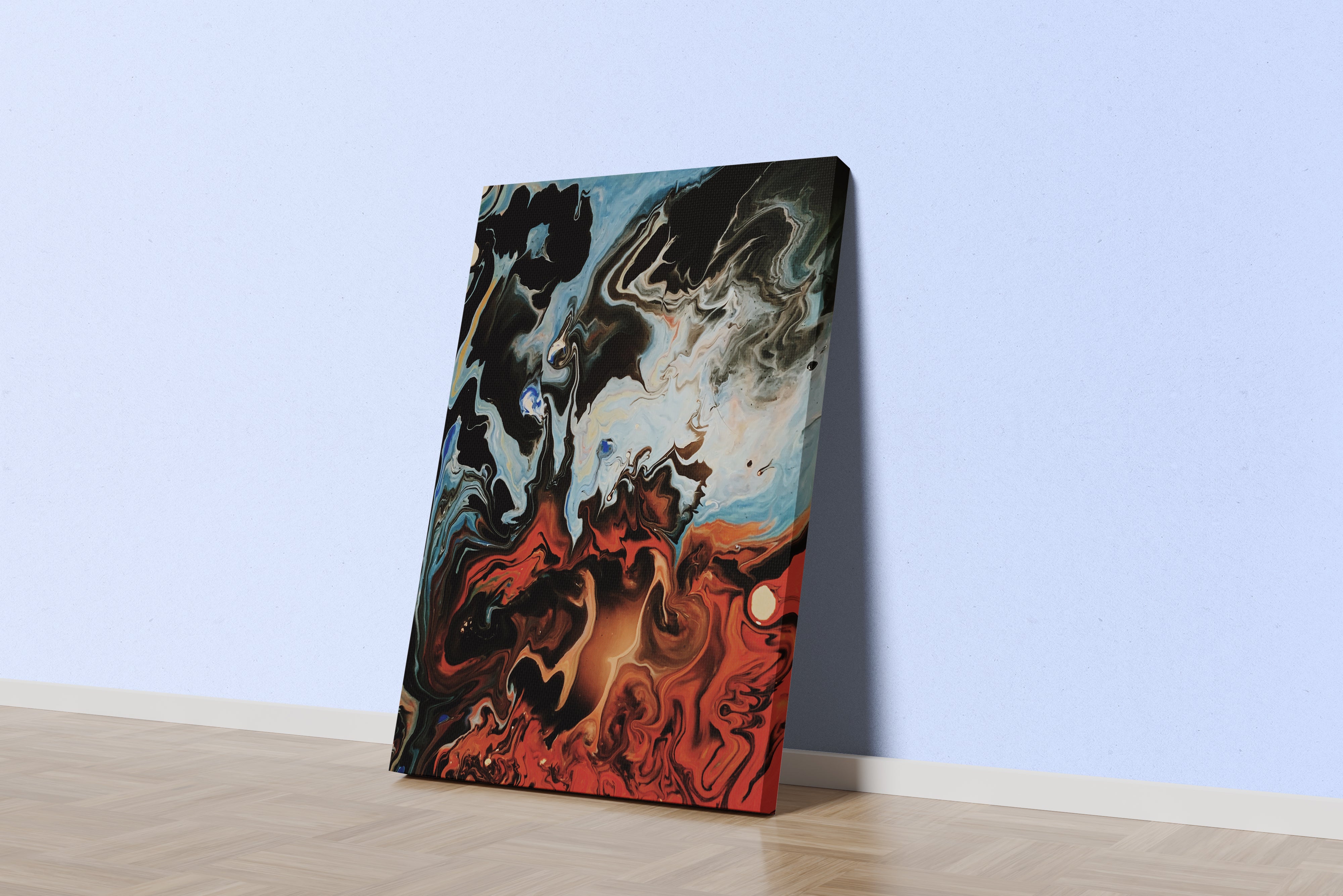 an abstract fluid art piece representing a dramatic clash of fire and water, abstract, art, kanvas tablo