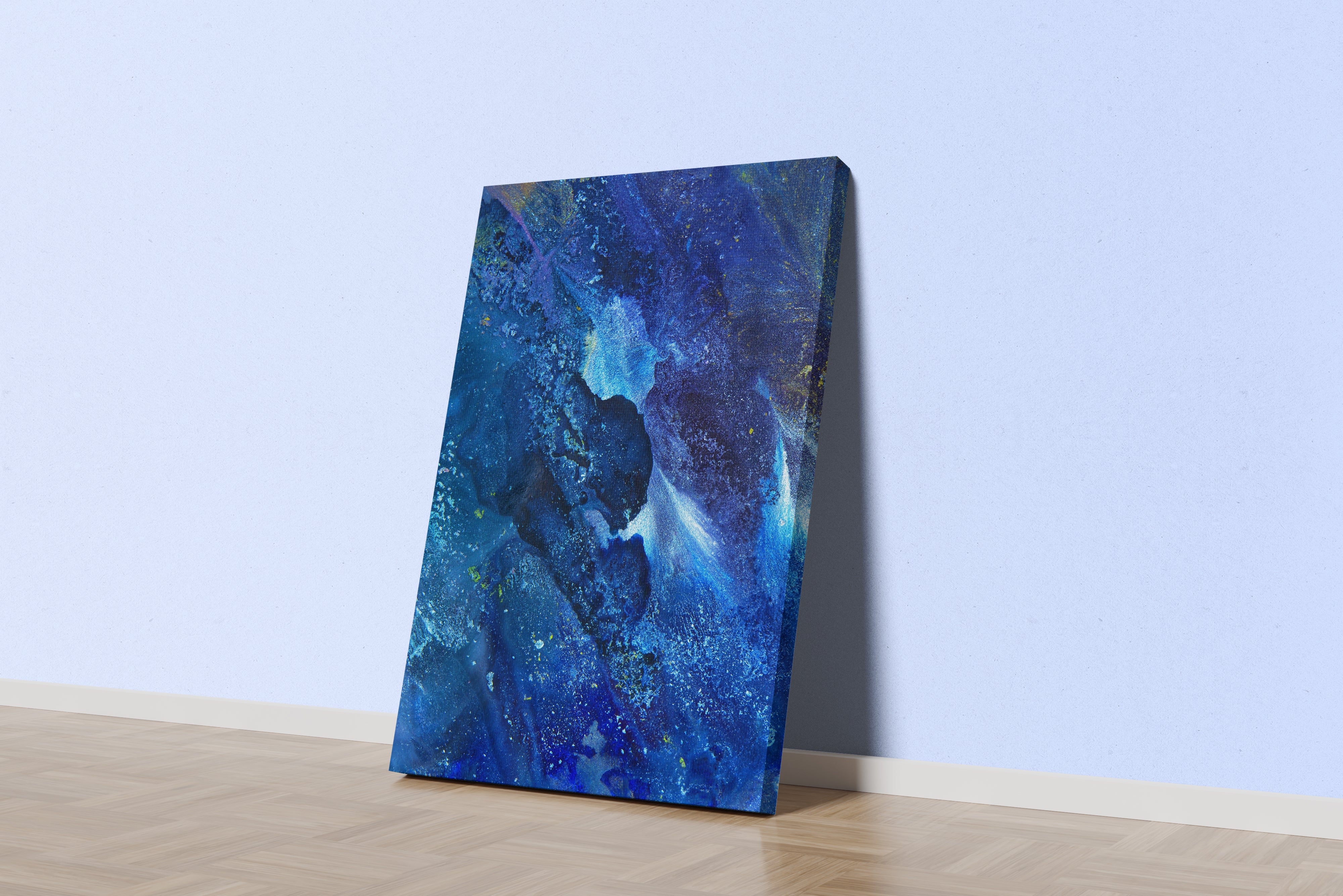 a captivating abstract image of a deep blue and gold nebula in outer space, abstract, art, kanvas tablo