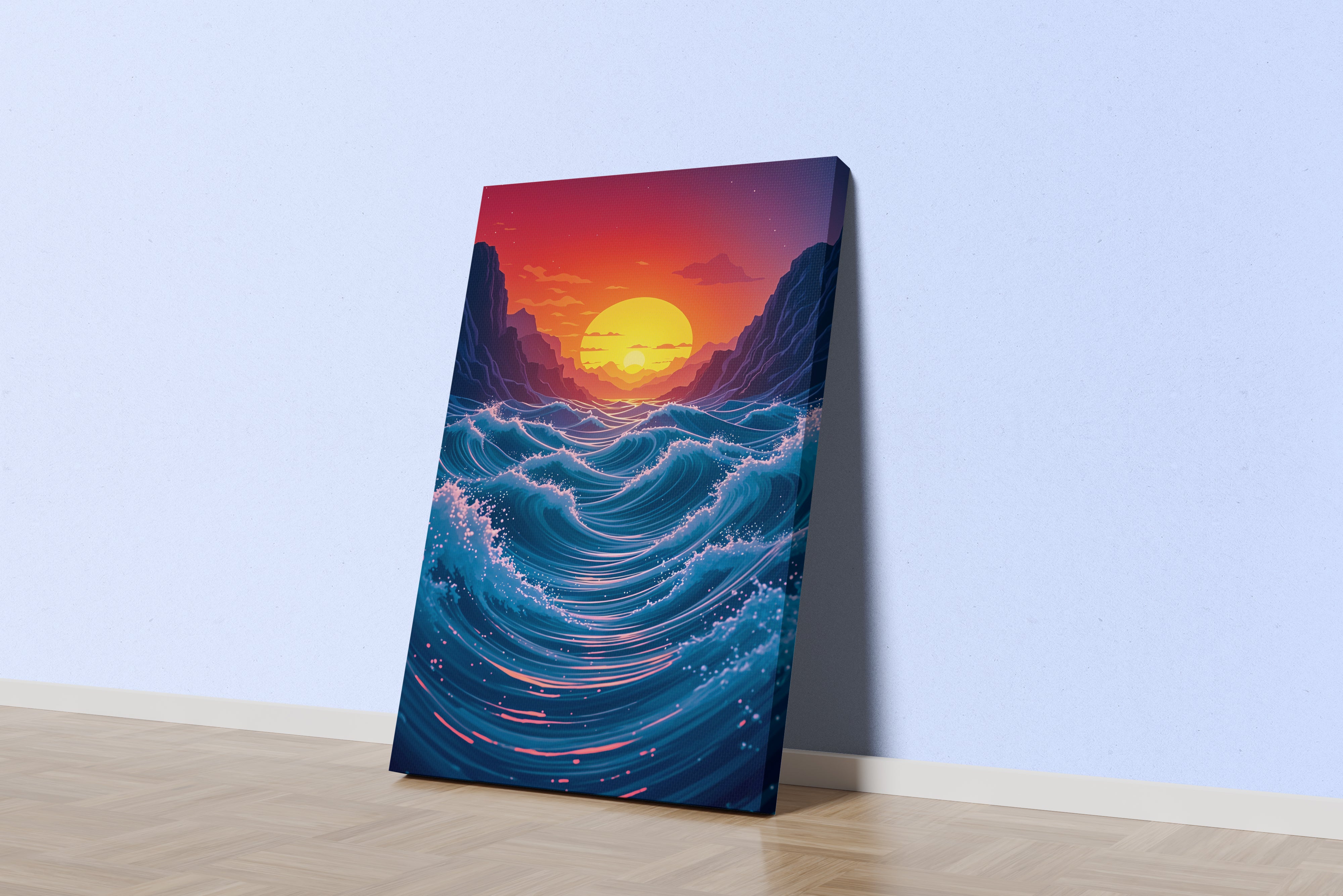ai creation, as the sun sets among giant waves, ai art, art, kanvas tablo