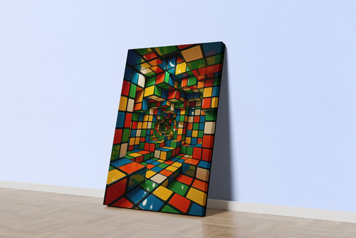 Renkli Küplerden Zeka Küpü Labirenti 3D Geometrik Desenli Soyut Kanvas Tablo