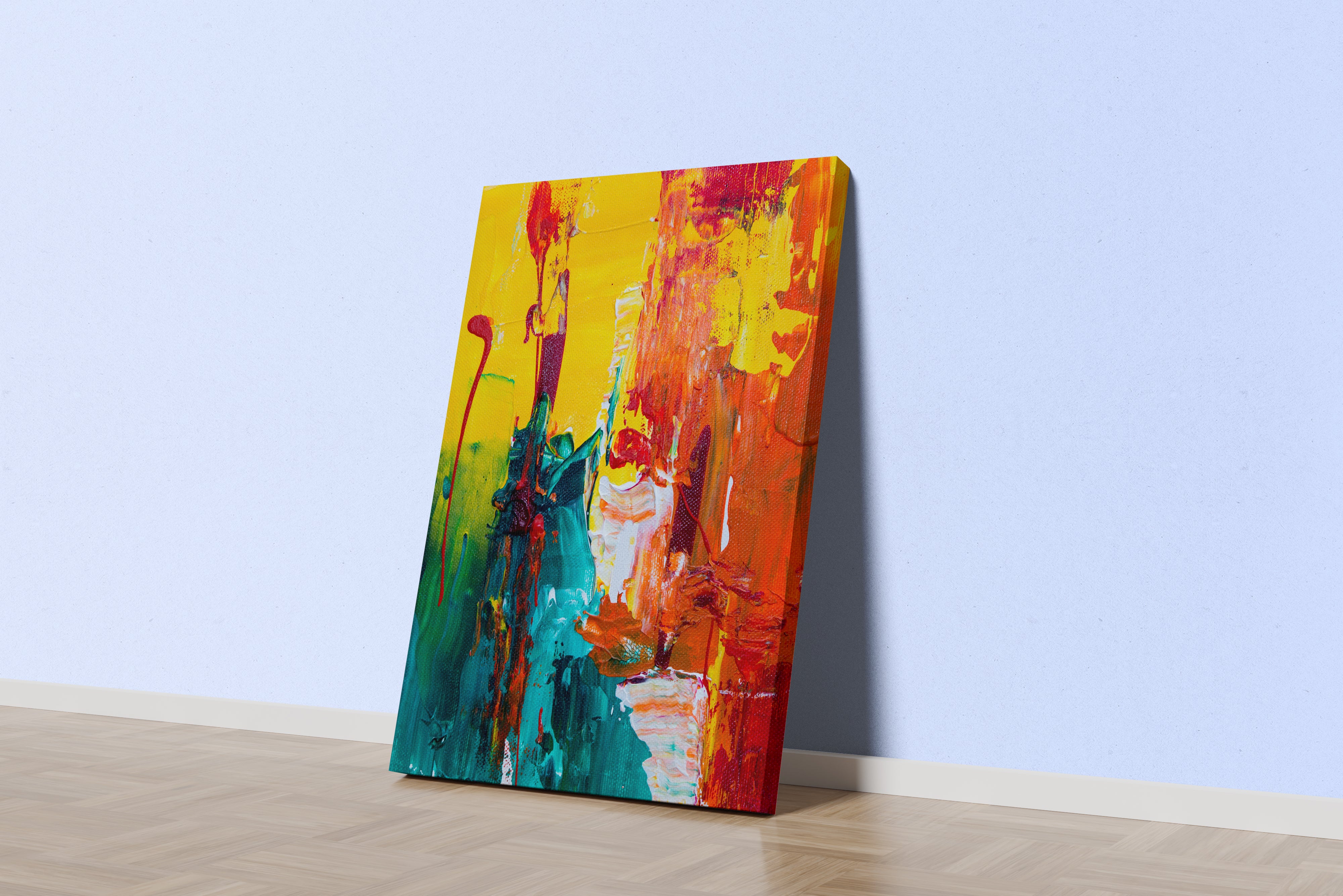 a vibrant close-up of an abstract painting with heavy, textured yellow and green brushstrokes, abstract, art, kanvas tablo