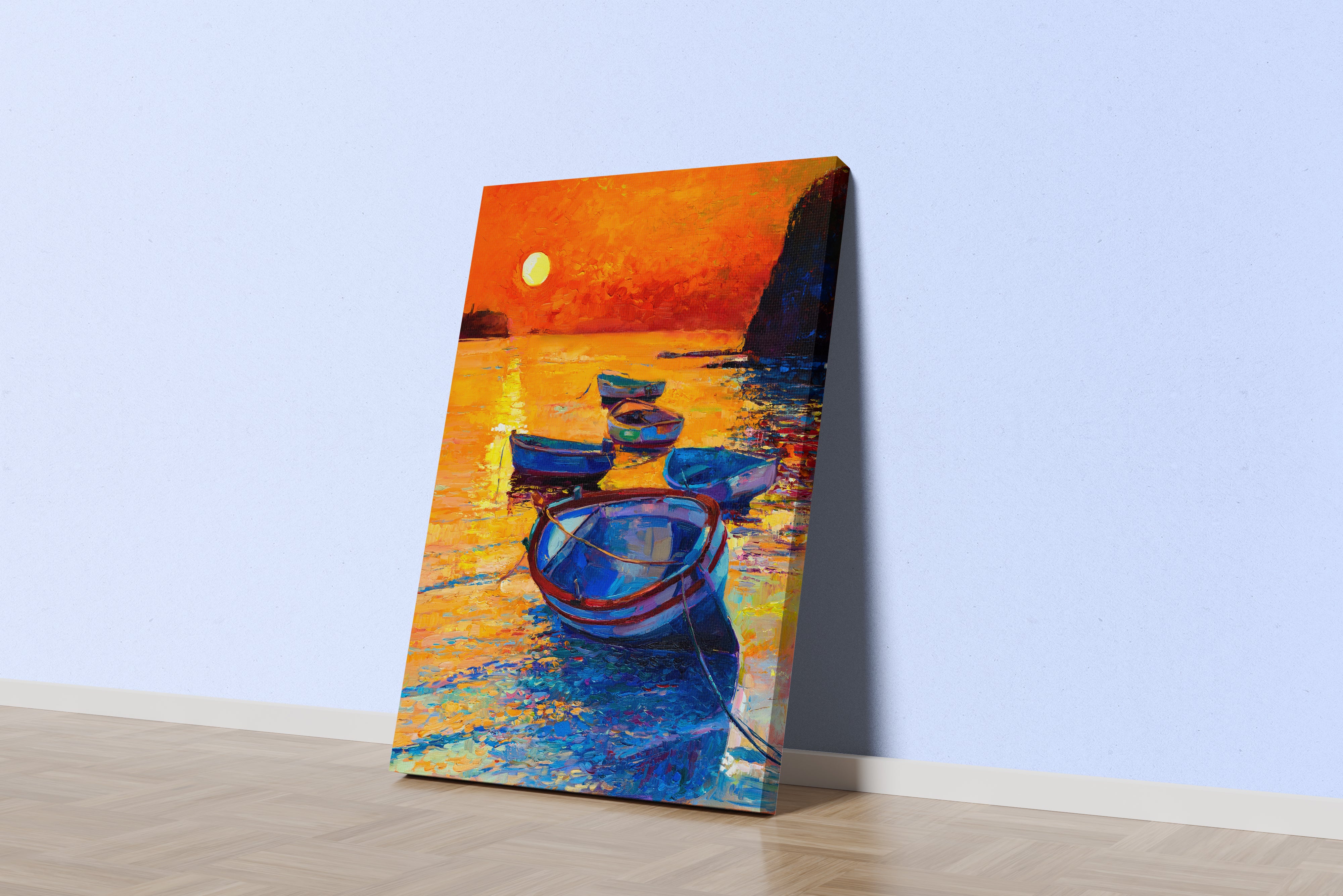 an impressionist oil painting of boats on the sea during a vibrant orange sunset, abstract, art, kanvas tablo