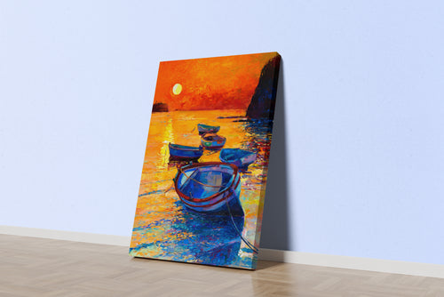 an impressionist oil painting of boats on the sea during a vibrant orange sunset, abstract, art, kanvas tablo