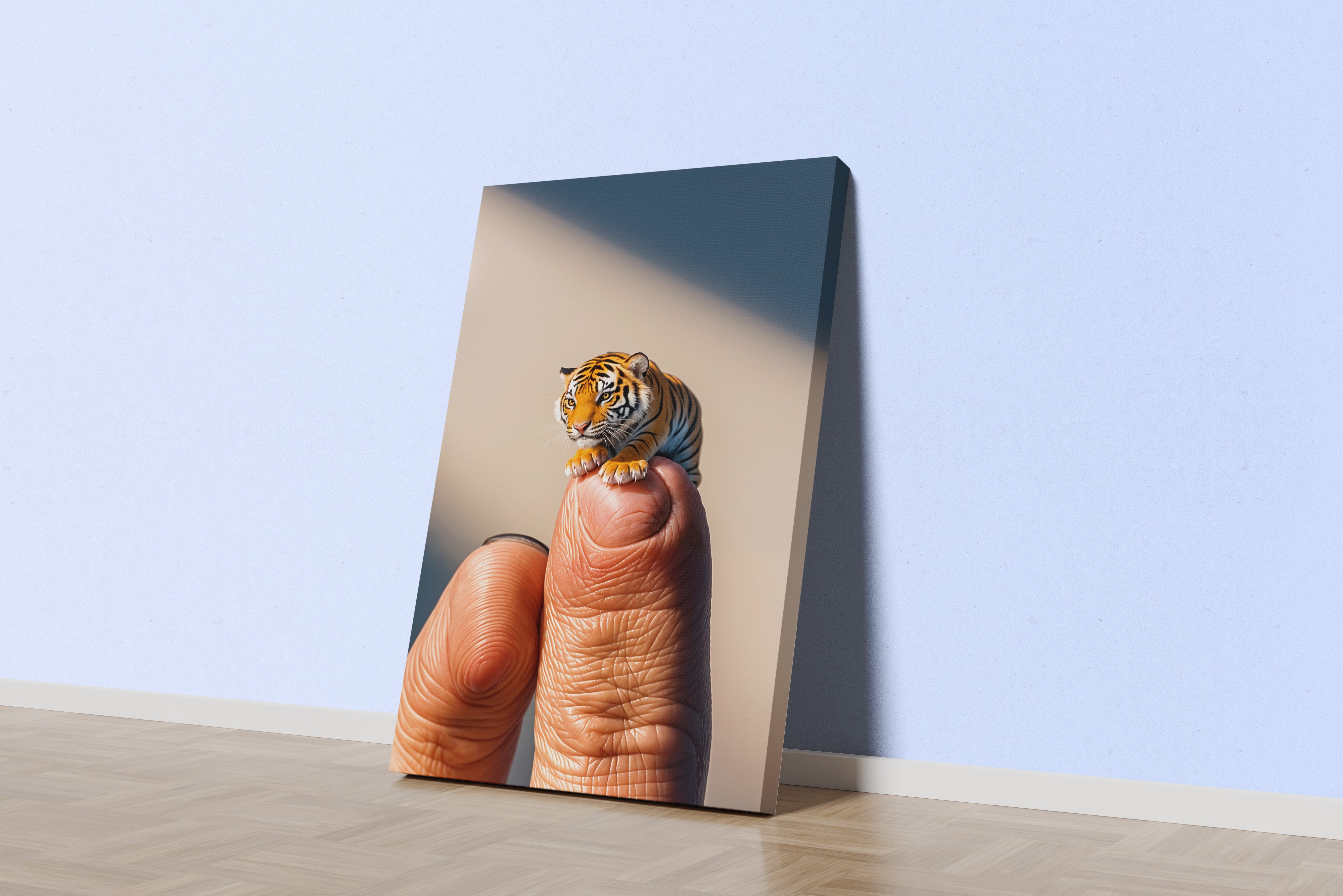 ai creation, baby doll model 6, kid, cute tiger on finger, ai art, art, kanvas tablo