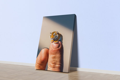 ai creation, baby doll model 6, kid, cute tiger on finger, ai art, art, kanvas tablo