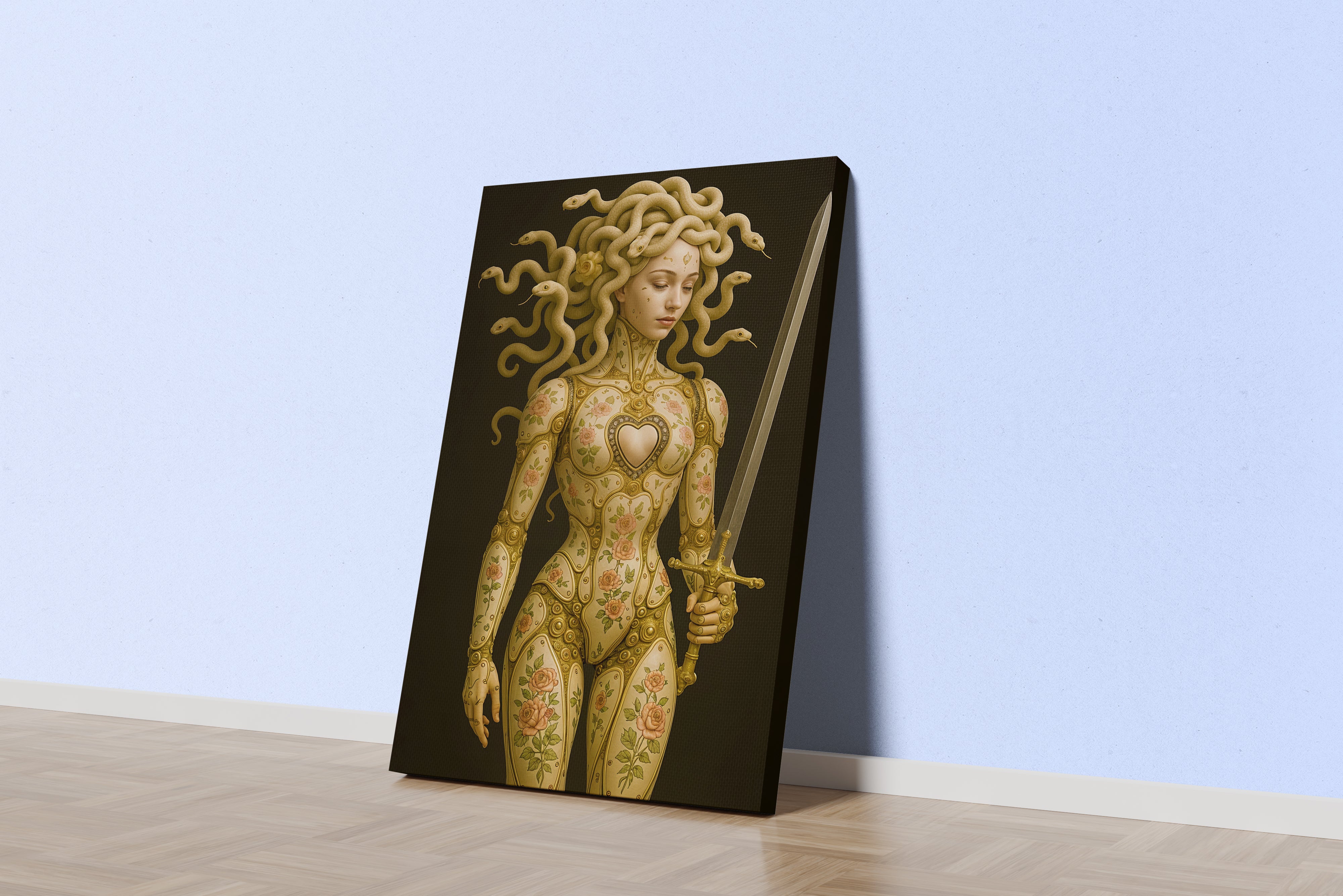 ai creation, a clockwork medusa with a floral porcelain body holding a golden sword, ai art, art, kanvas tablo