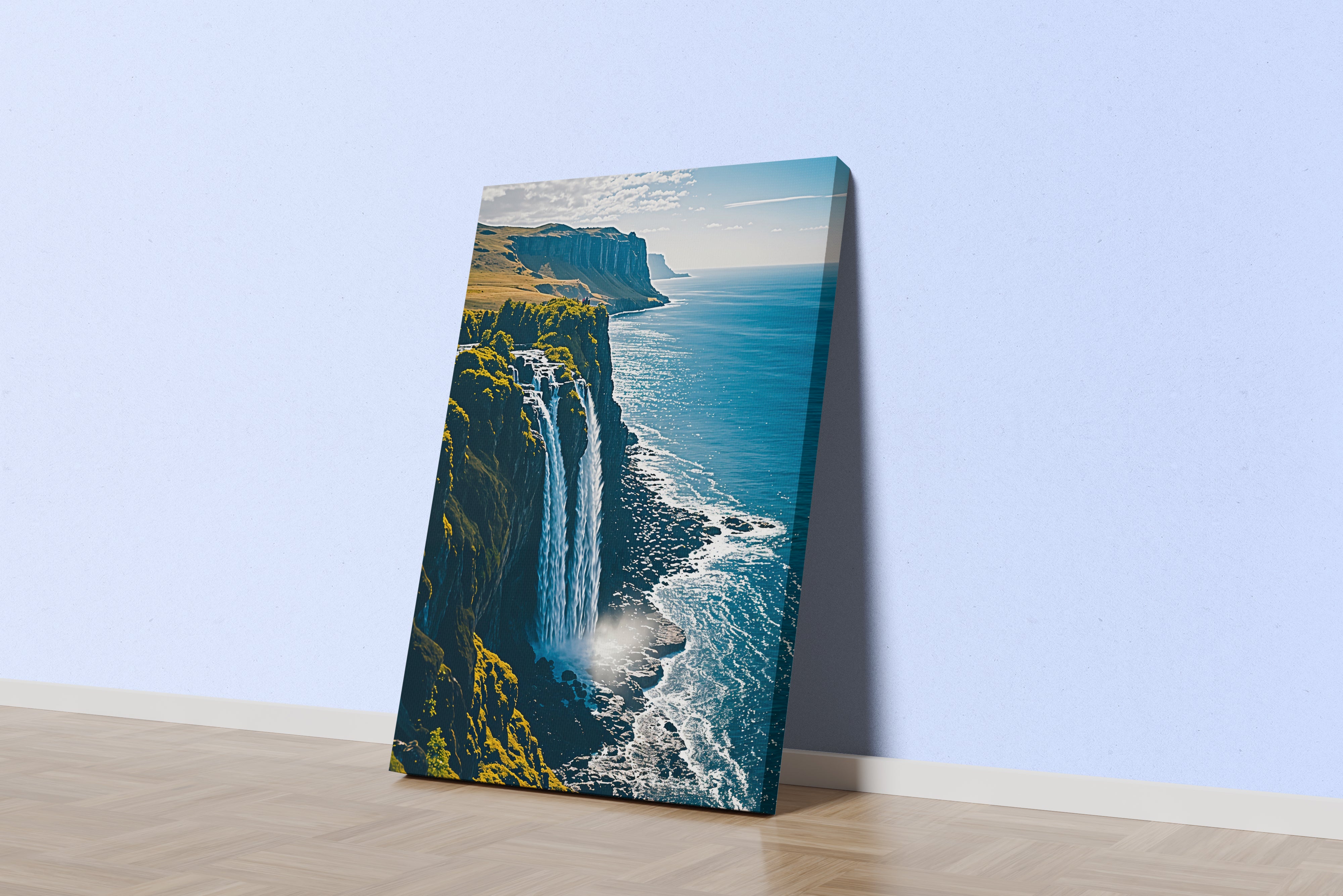 ai creation, waterfall flowing from a cliff into the sea, ai art, art, kanvas tablo