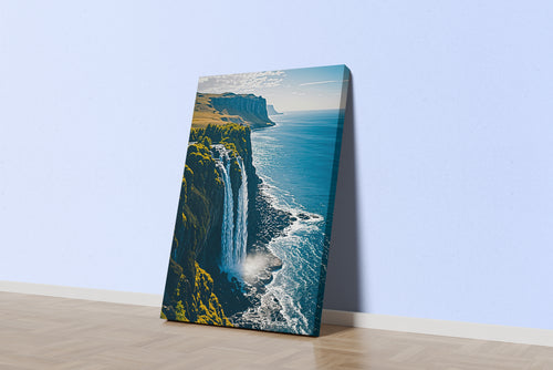 ai creation, waterfall flowing from a cliff into the sea, ai art, art, kanvas tablo