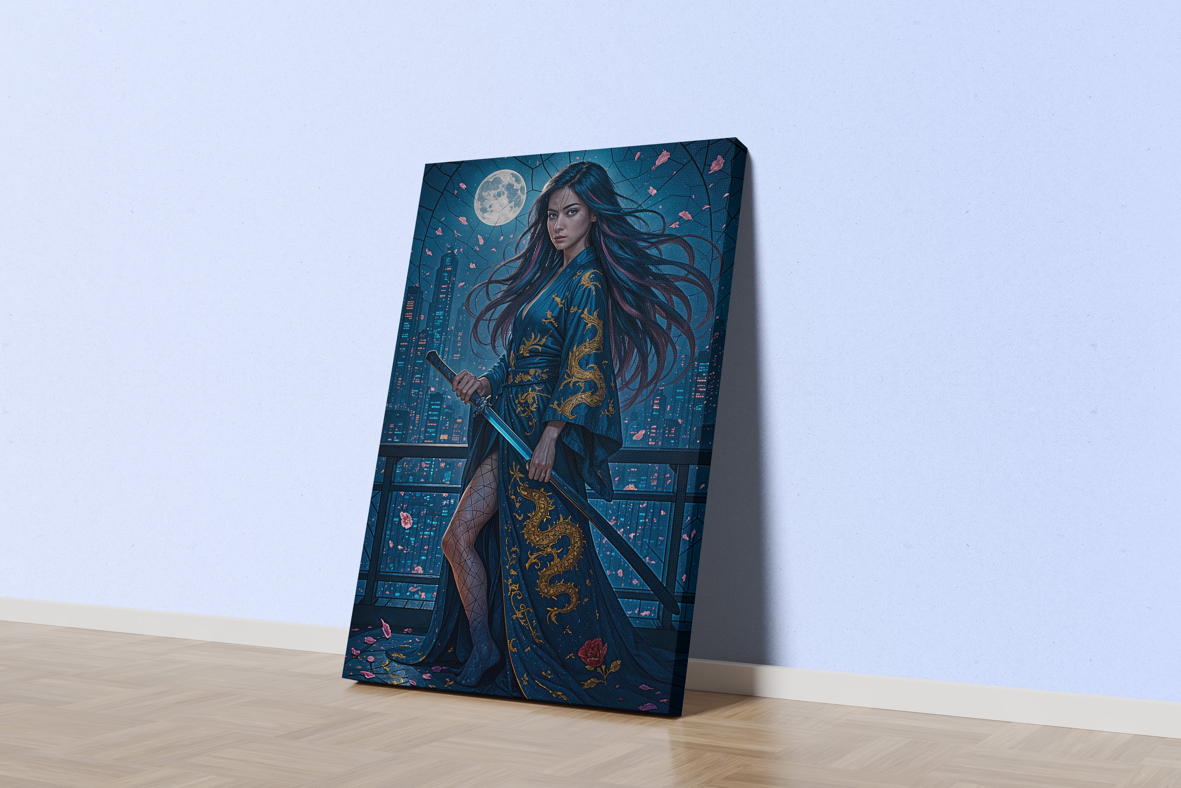 ai creation, asian female warrior in the moonlight, ai art, art, kanvas tablo