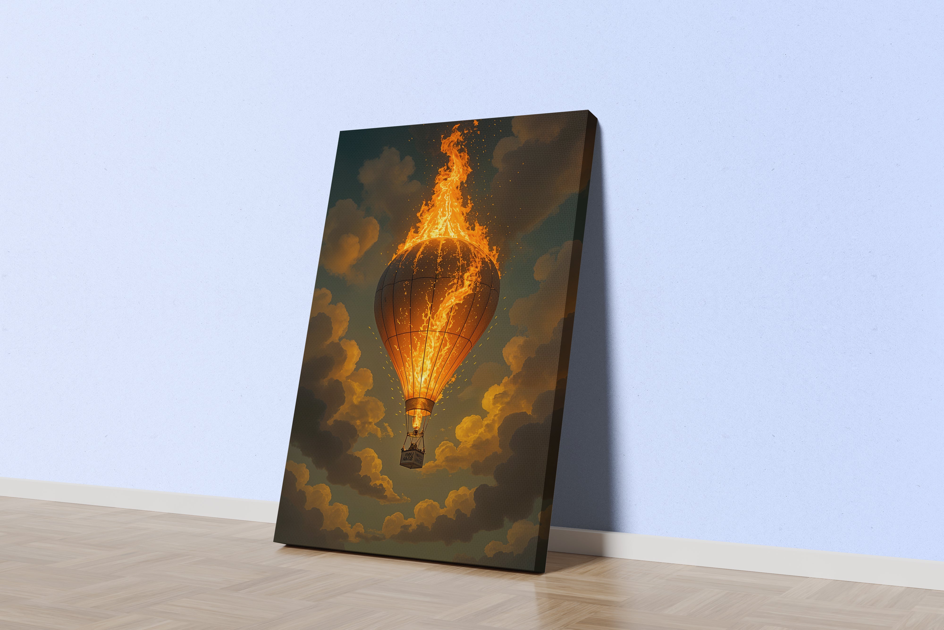 ai creation, a burning hot air balloon falling, ai art, art, kanvas tablo