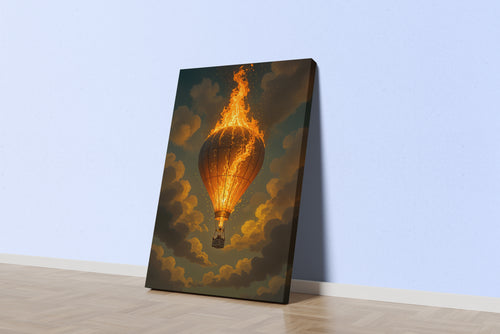ai creation, a burning hot air balloon falling, ai art, art, kanvas tablo