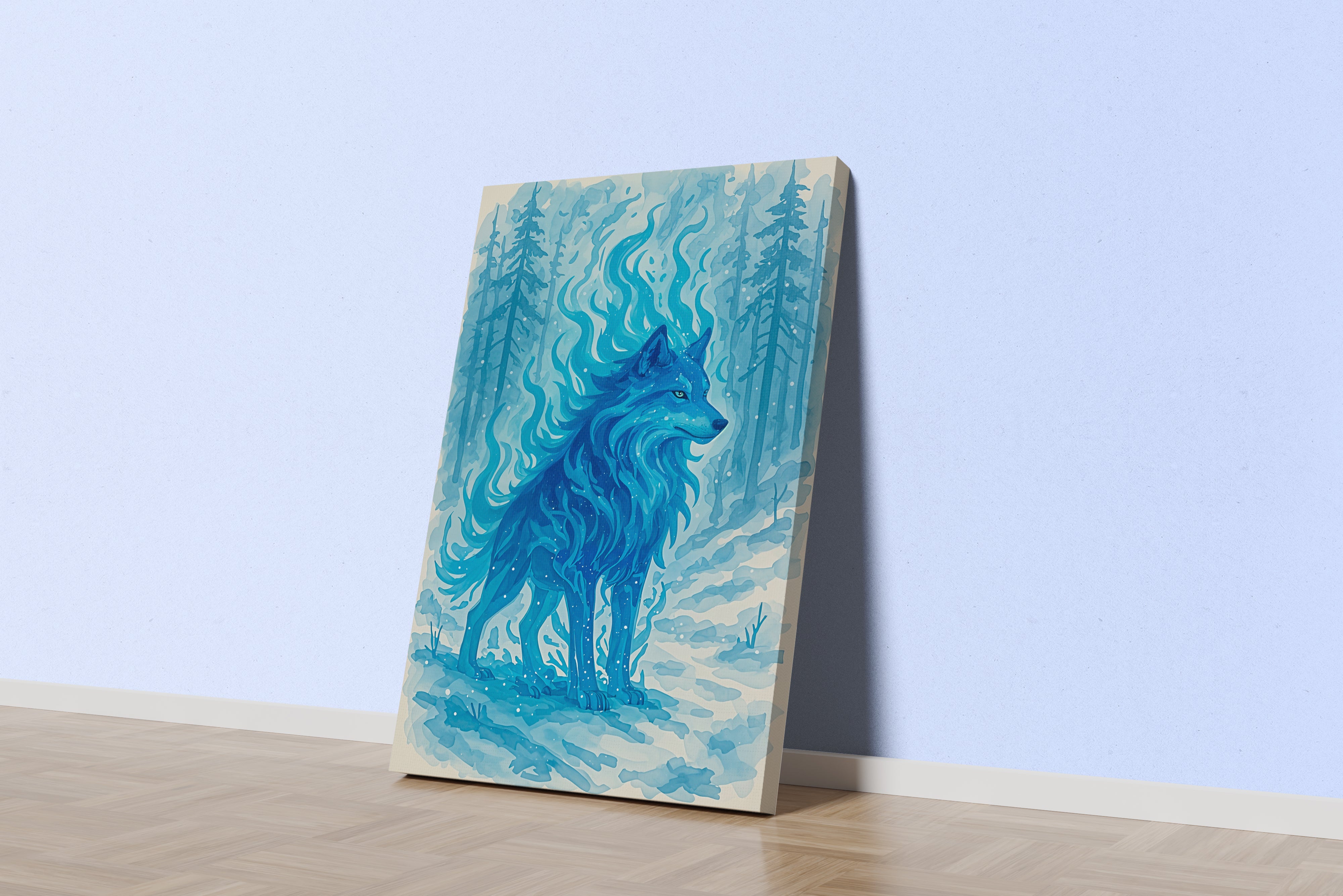 ai creation, blue fire themed wolf, ai art, art, kanvas tablo
