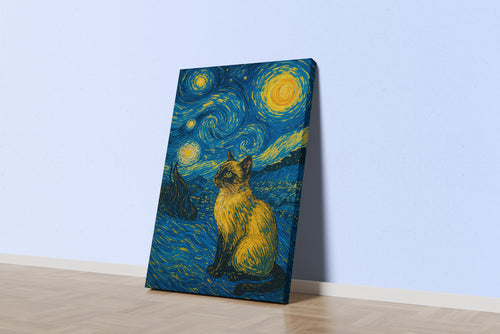 ai creation, van gogh starry night themed cat, ai art, art, kanvas tablo