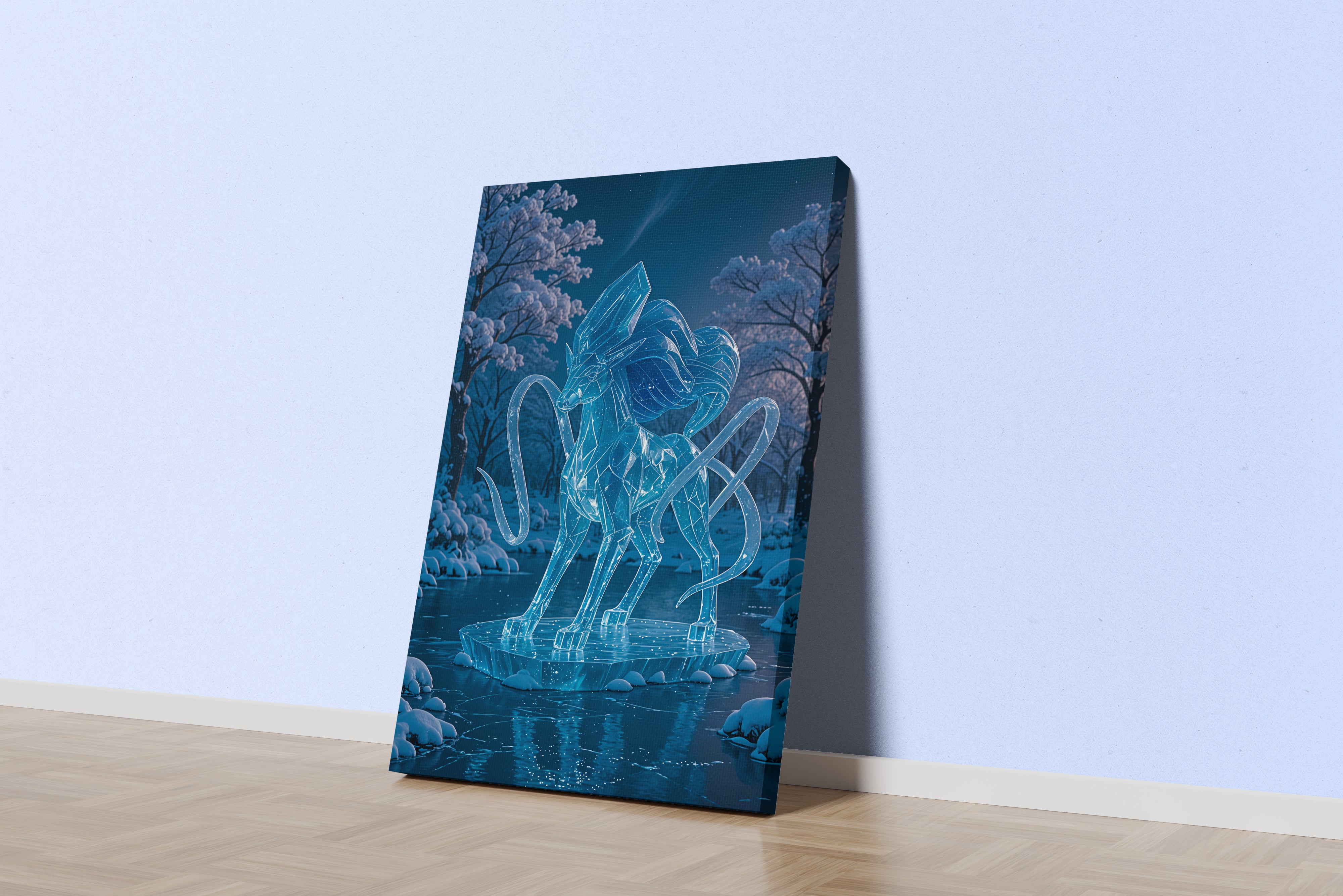 ai creation, ice covered deer frozen river themed, ai art, art, kanvas tablo