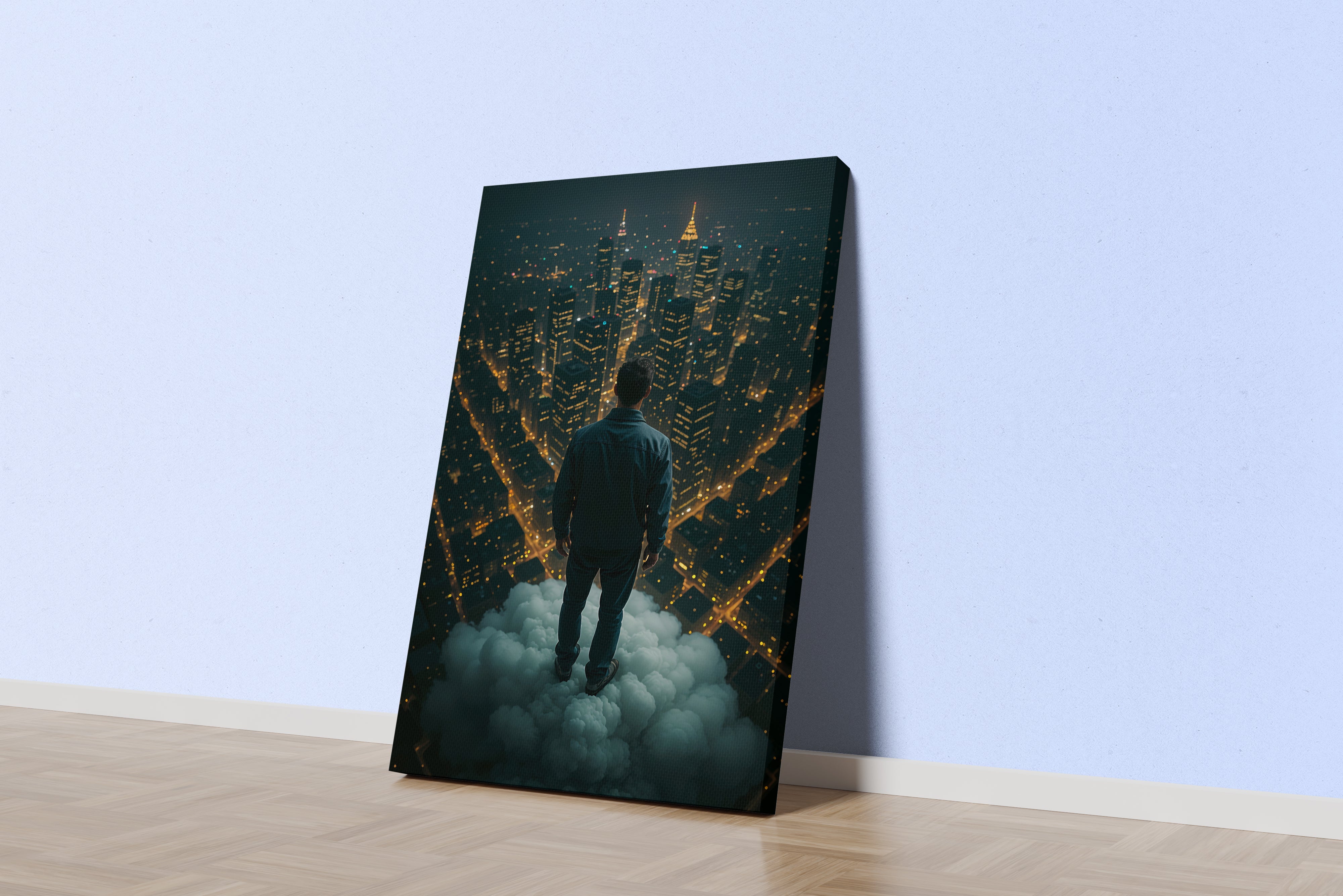 ai creation, man looking down on the city from above the cloud, ai art, art, kanvas tablo