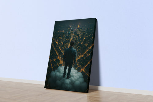 ai creation, man looking down on the city from above the cloud, ai art, art, kanvas tablo