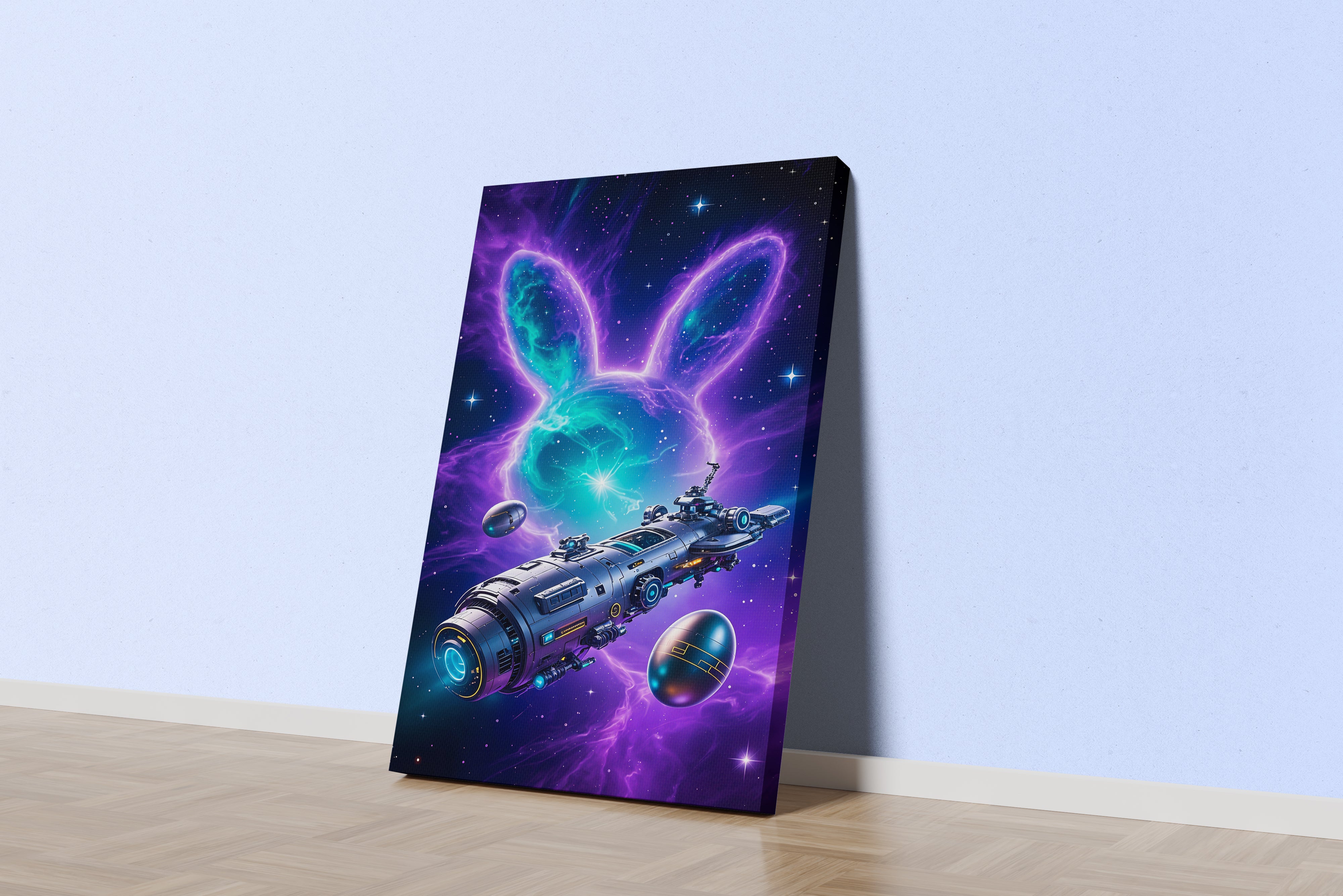 ai creation, rabbit and huge ship in space, ai art, art, kanvas tablo