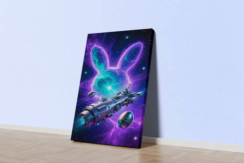 ai creation, rabbit and huge ship in space, ai art, art, kanvas tablo