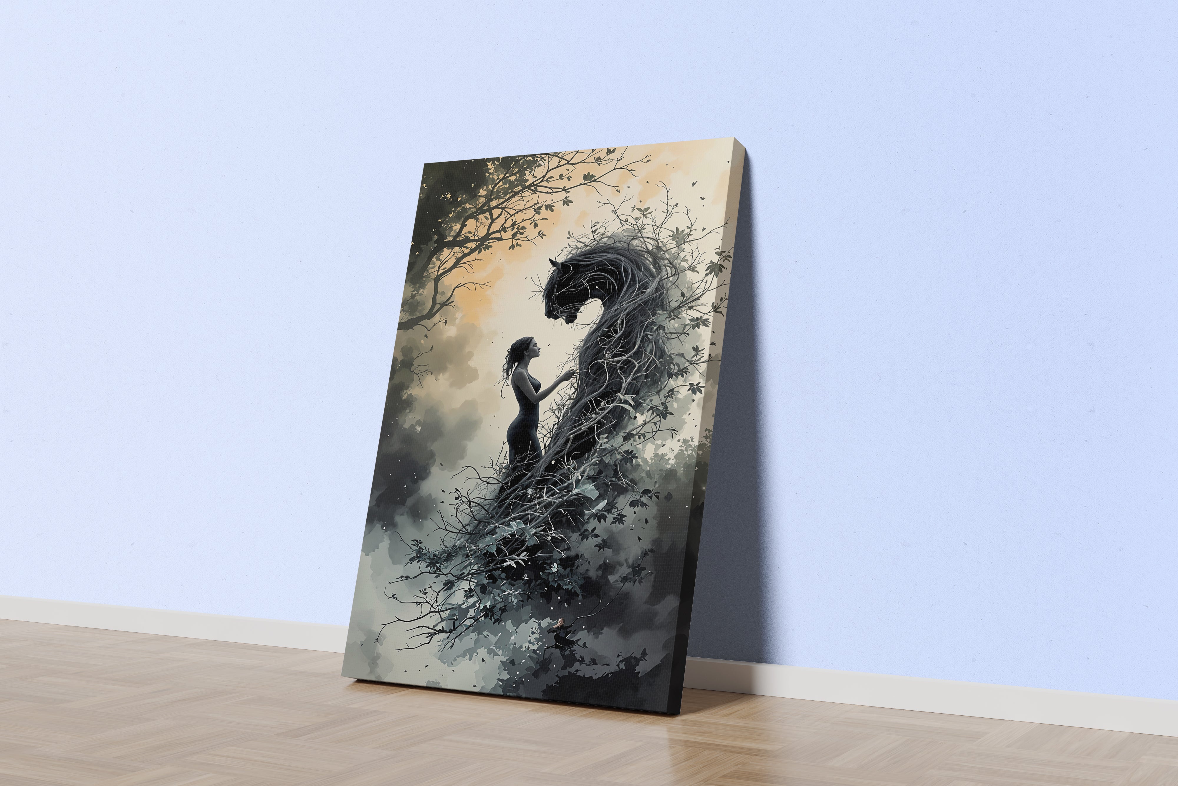 ai creation, black jaguar roaring through the darkness with woman in black, ai art, art, kanvas tablo