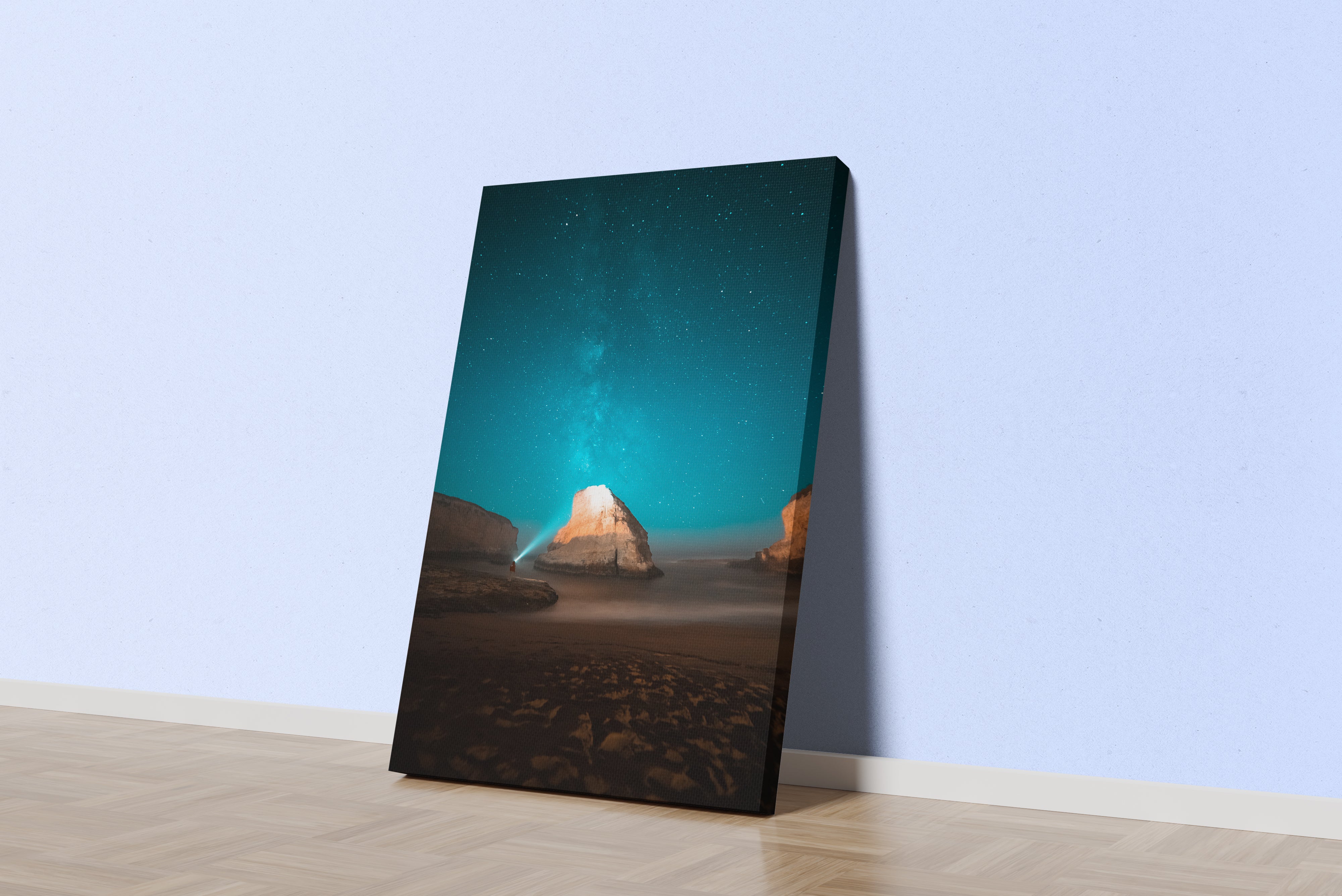 a man on a beach at night, illuminating a sea stack under the milky way, art, kanvas tablo