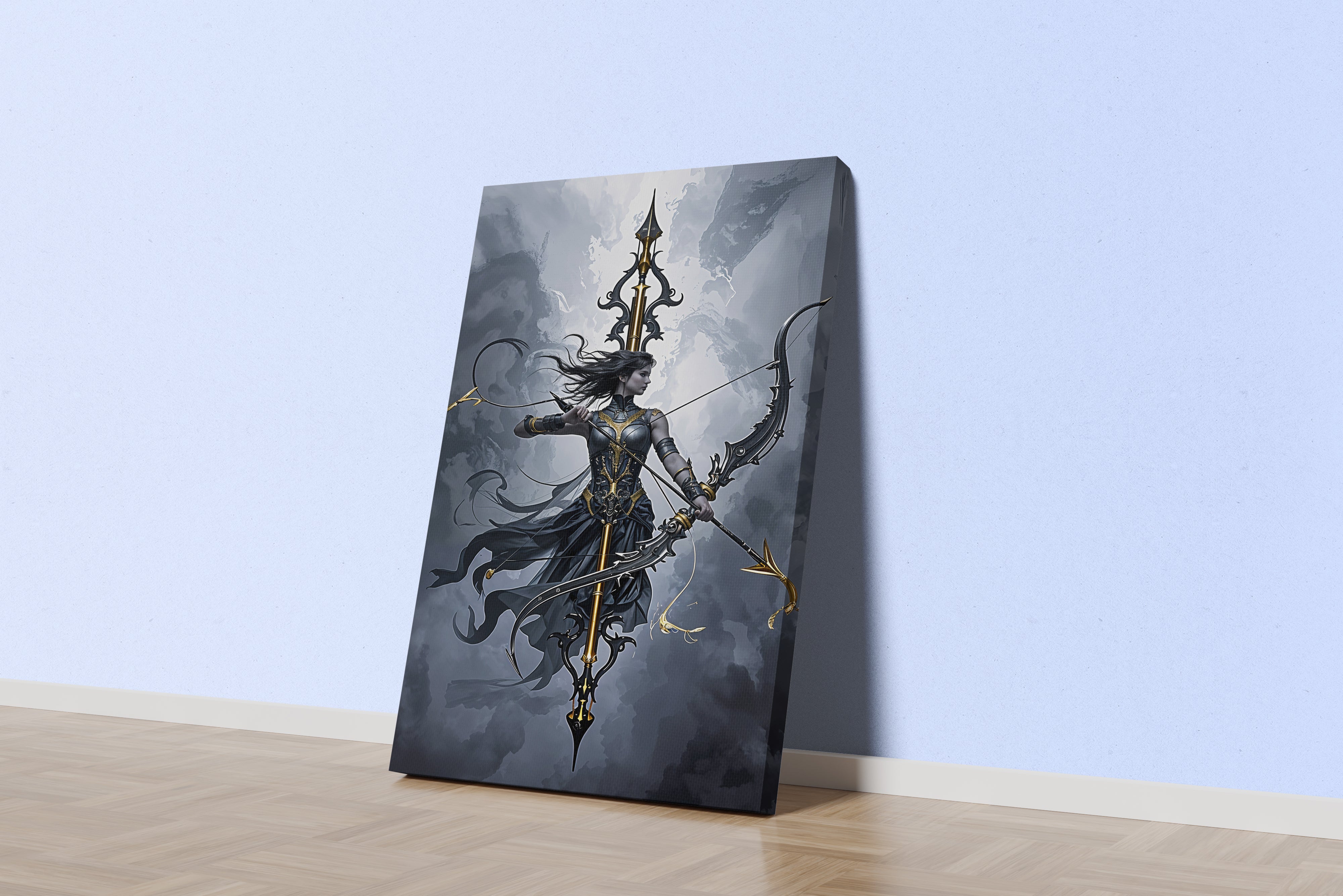 ai creation, a dark fantasy archer in ornate black and gold armor drawing a bow, ai art, art, kanvas tablo