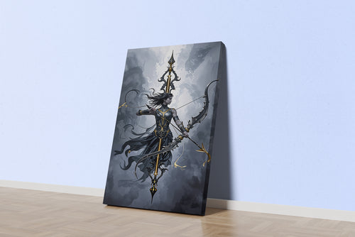 ai creation, a dark fantasy archer in ornate black and gold armor drawing a bow, ai art, art, kanvas tablo