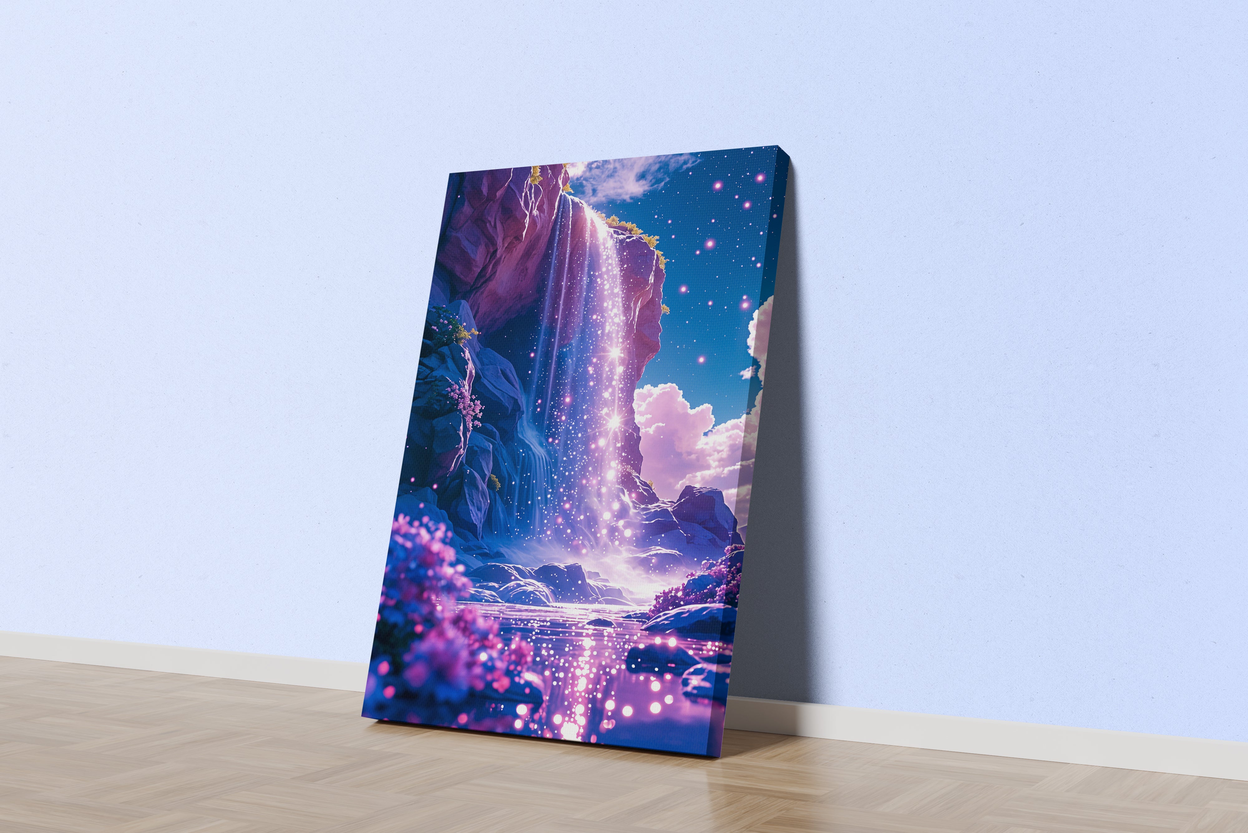 ai creation, purple waterfall with stars flowing, purple and its shades themed, ai art, art, kanvas tablo