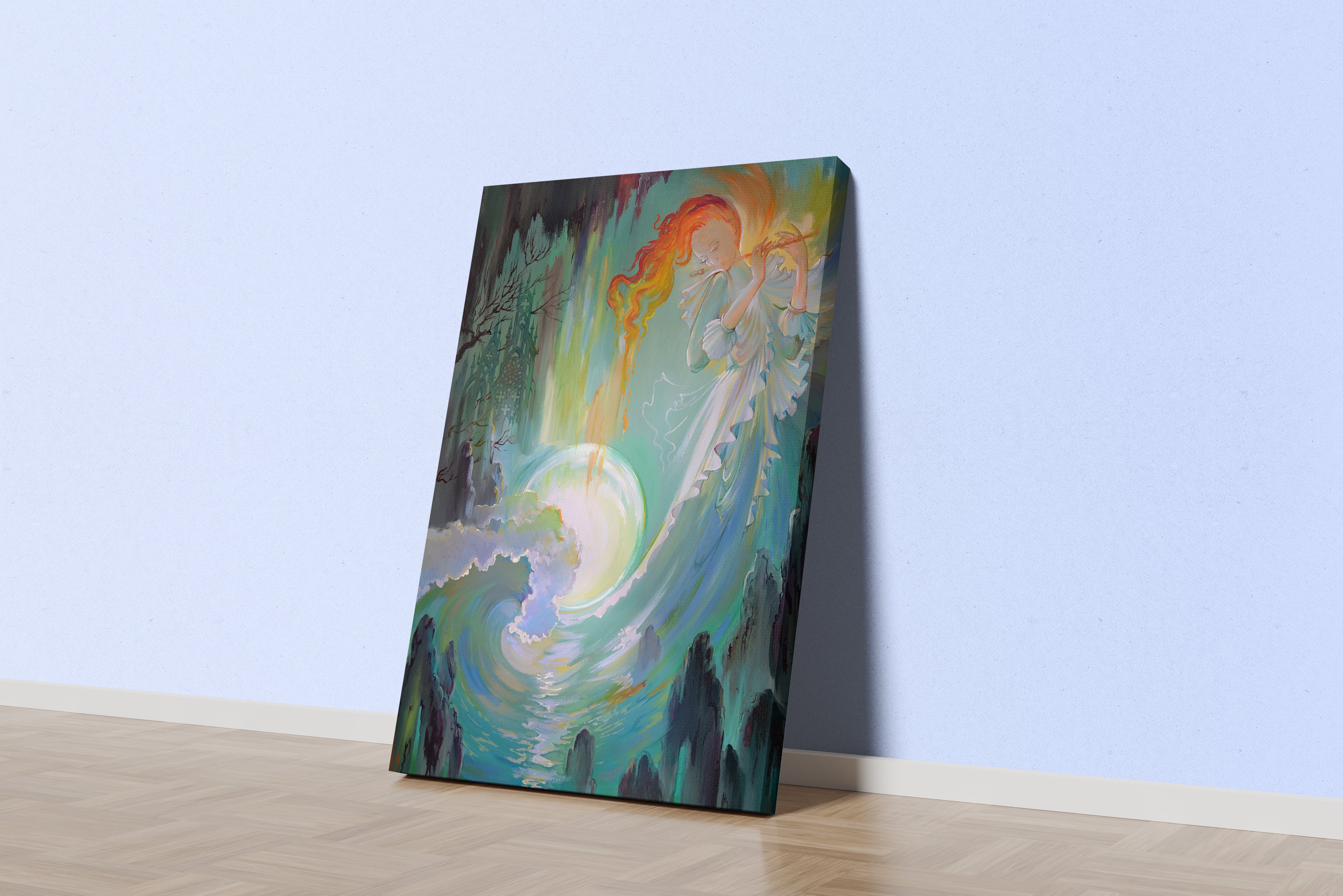 an ethereal woman with flame hair plays flute by a glowing, dripping moon, art, kanvas tablo