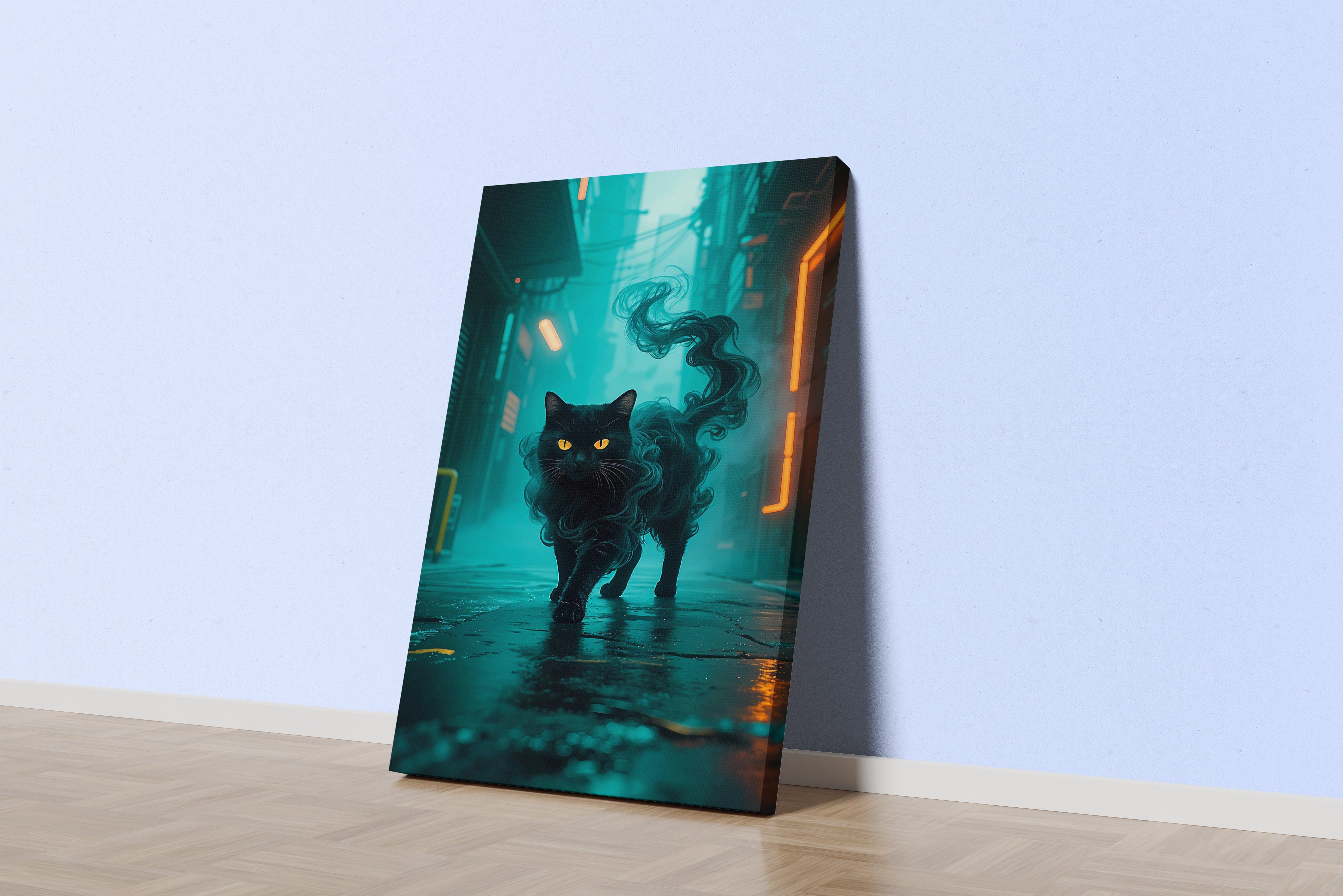 ai creation, cat in neon green fog, pet, ai art, art, kanvas tablo