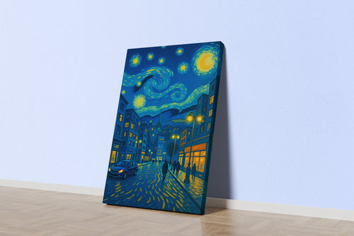 Modern Şehirde Yıldızlı Gece Van Gogh Tarzında Dışavurumcu Manzara Kanvas Tablo