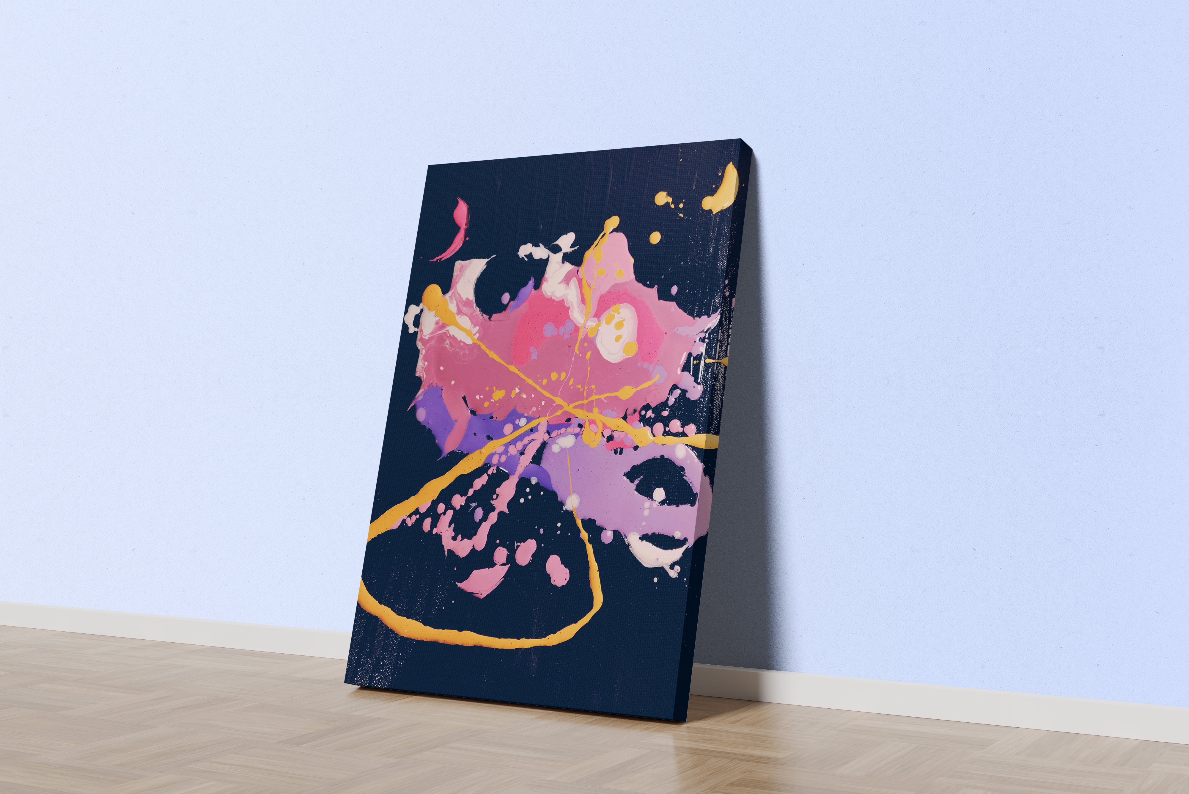 an expressive abstract painting with vibrant splashes of pink, yellow and purple paint, abstract, art, kanvas tablo