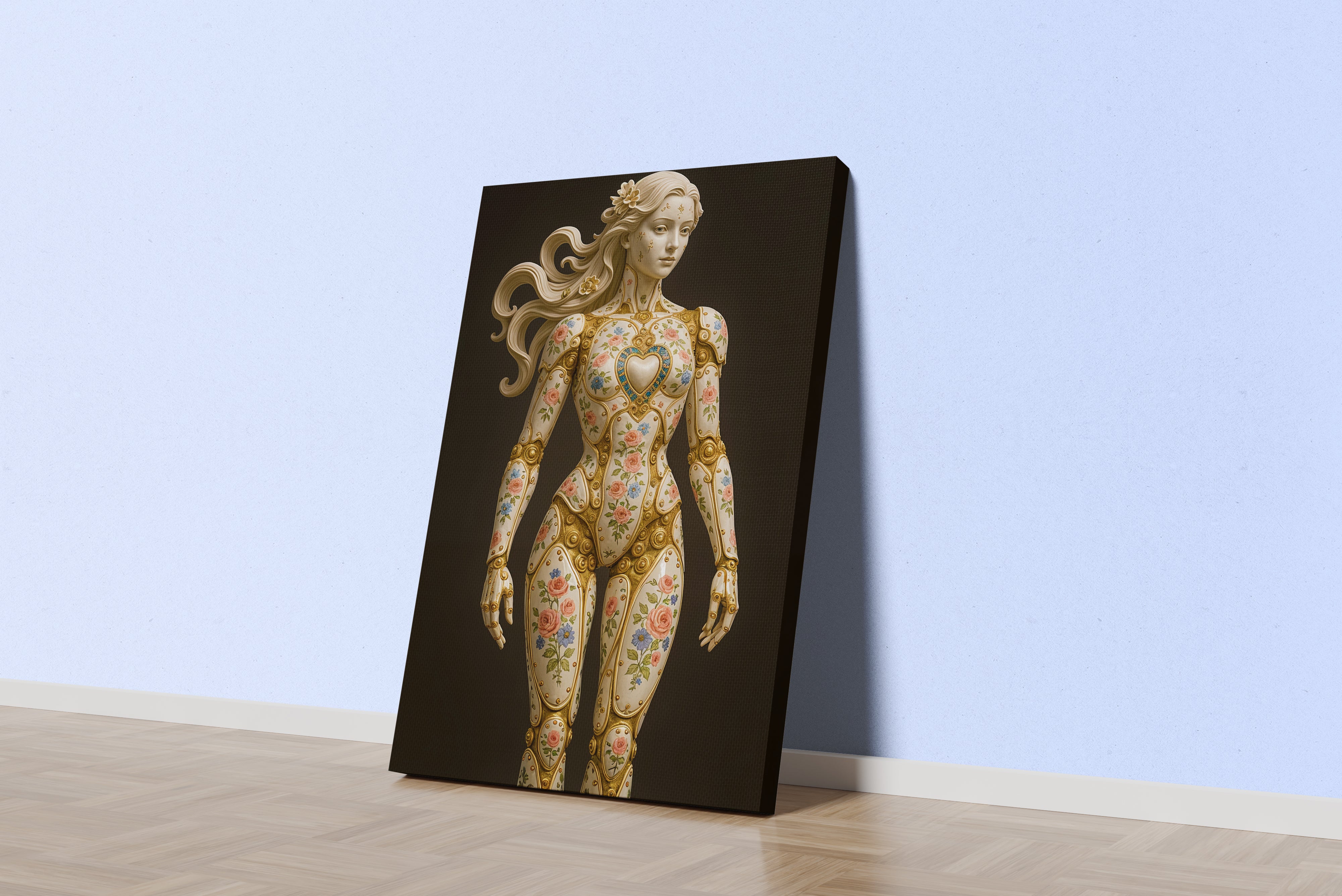 ai creation, an ornate rococo automaton of porcelain and gold, painted with delicate flowers, ai art, art, kanvas tablo