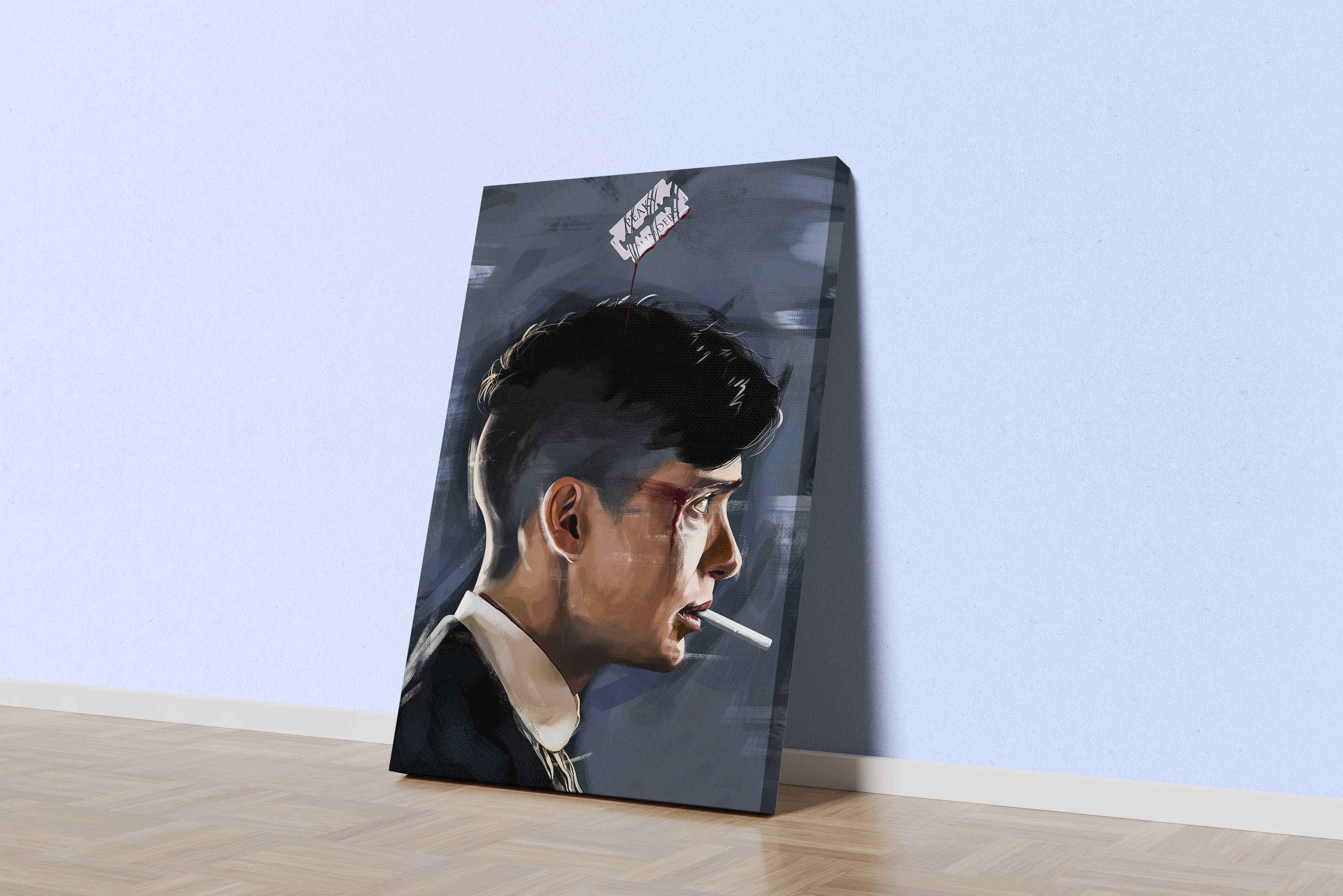 an intense painterly portrait of thomas shelby with a cigarette and bloody razor, art, kanvas tablo