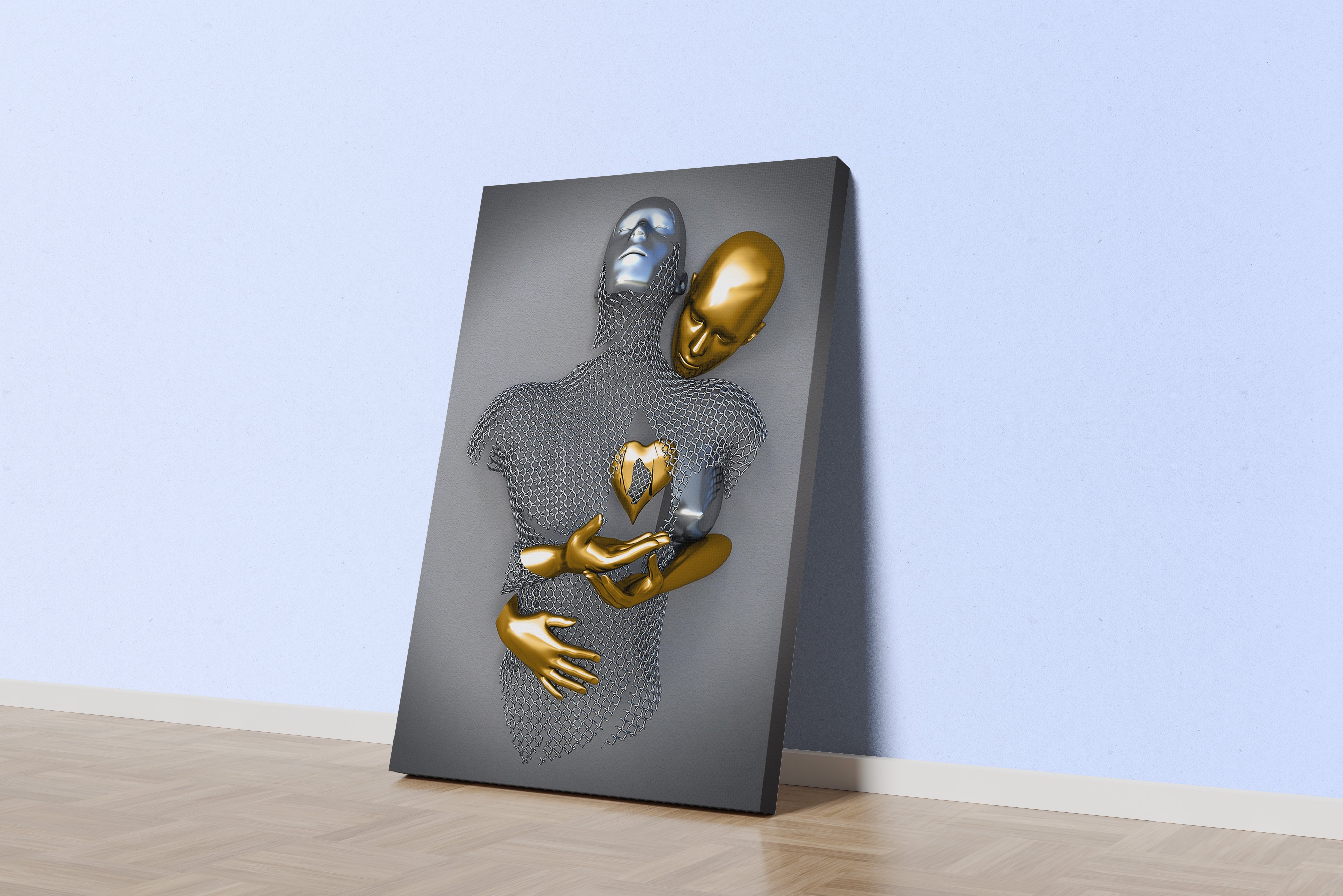 a golden figure places a heart into a silver chainmail figure they're embracing model 2, art, kanvas tablo