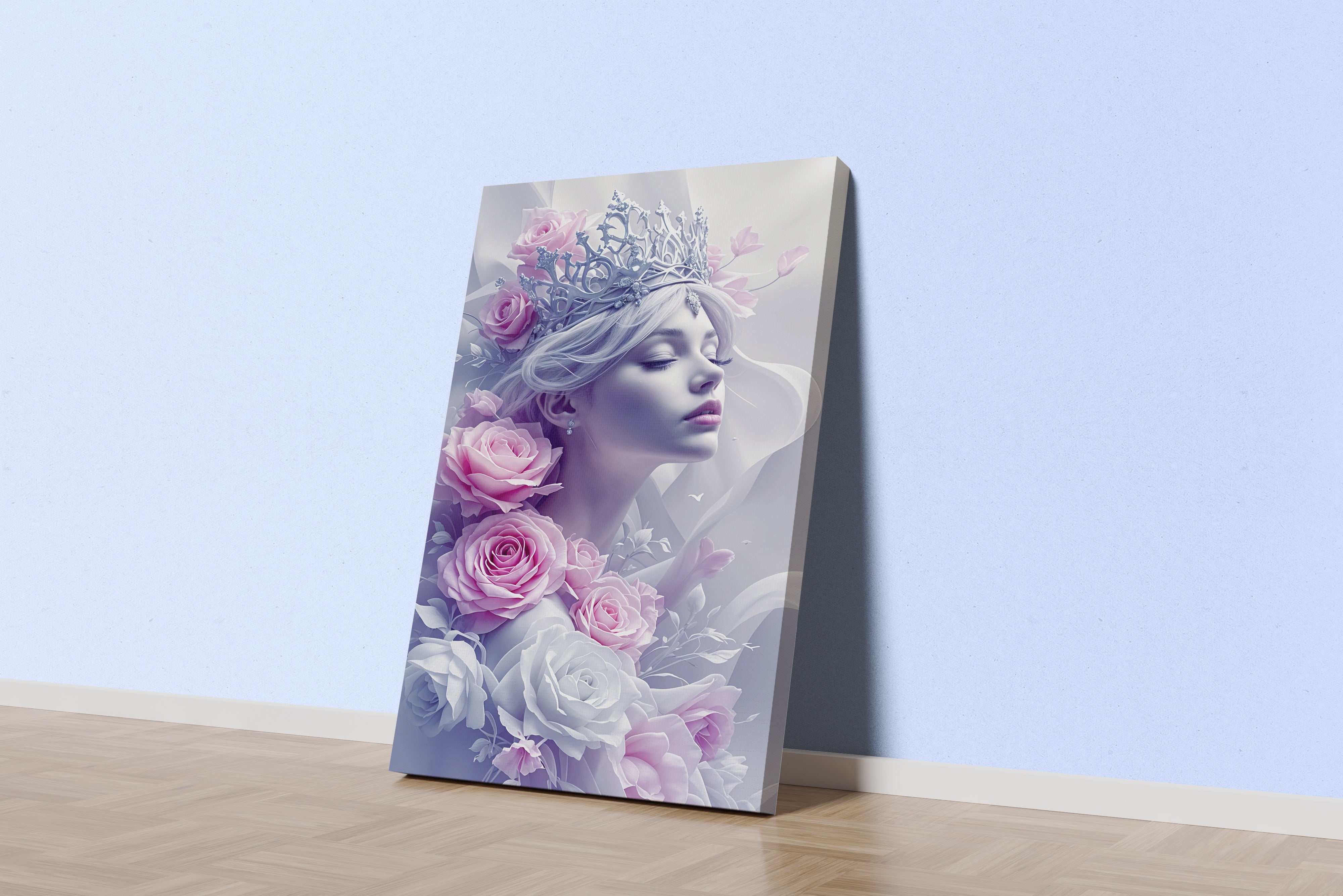 ai creation, a serene queen with a delicate white crown surrounded by pink roses, ai art, art, kanvas tablo