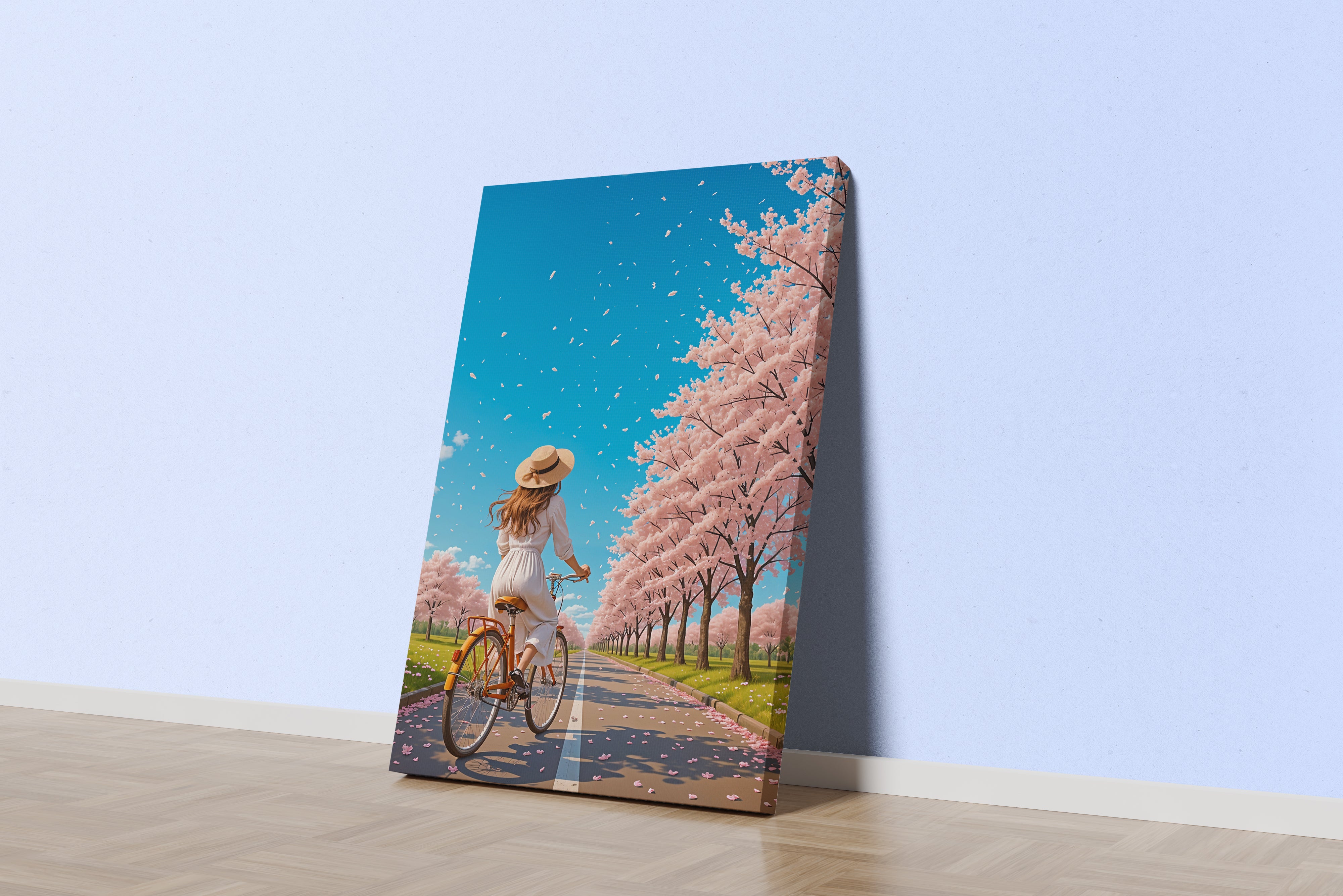 ai creation, a road decorated with soft pink trees with a girl on a bike with a hat, ai art, art, kanvas tablo