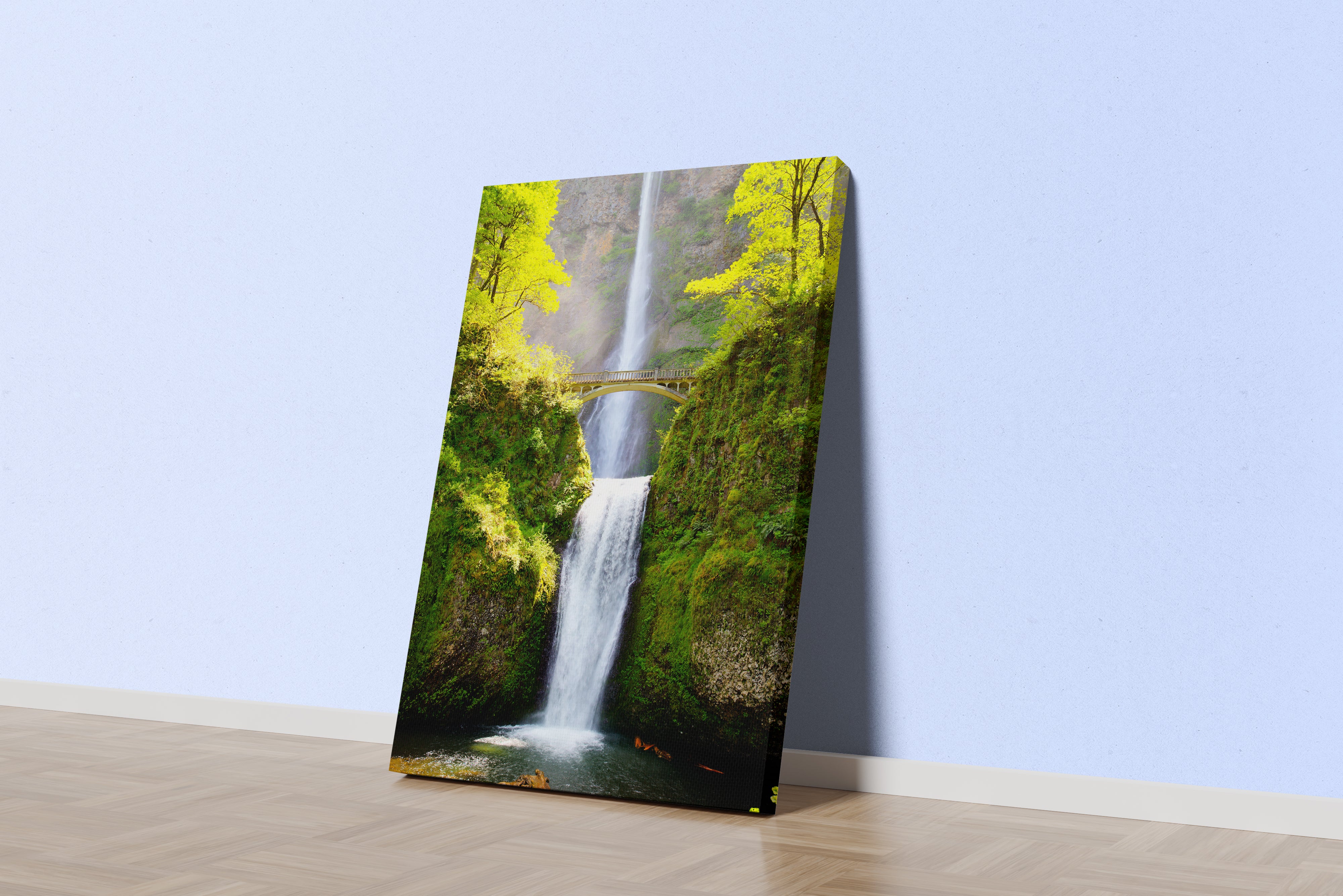 the famous multnomah falls, a tall two-tiered waterfall with a bridge, art, kanvas tablo