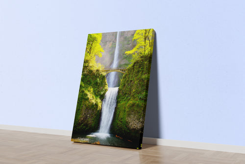 the famous multnomah falls, a tall two-tiered waterfall with a bridge, art, kanvas tablo