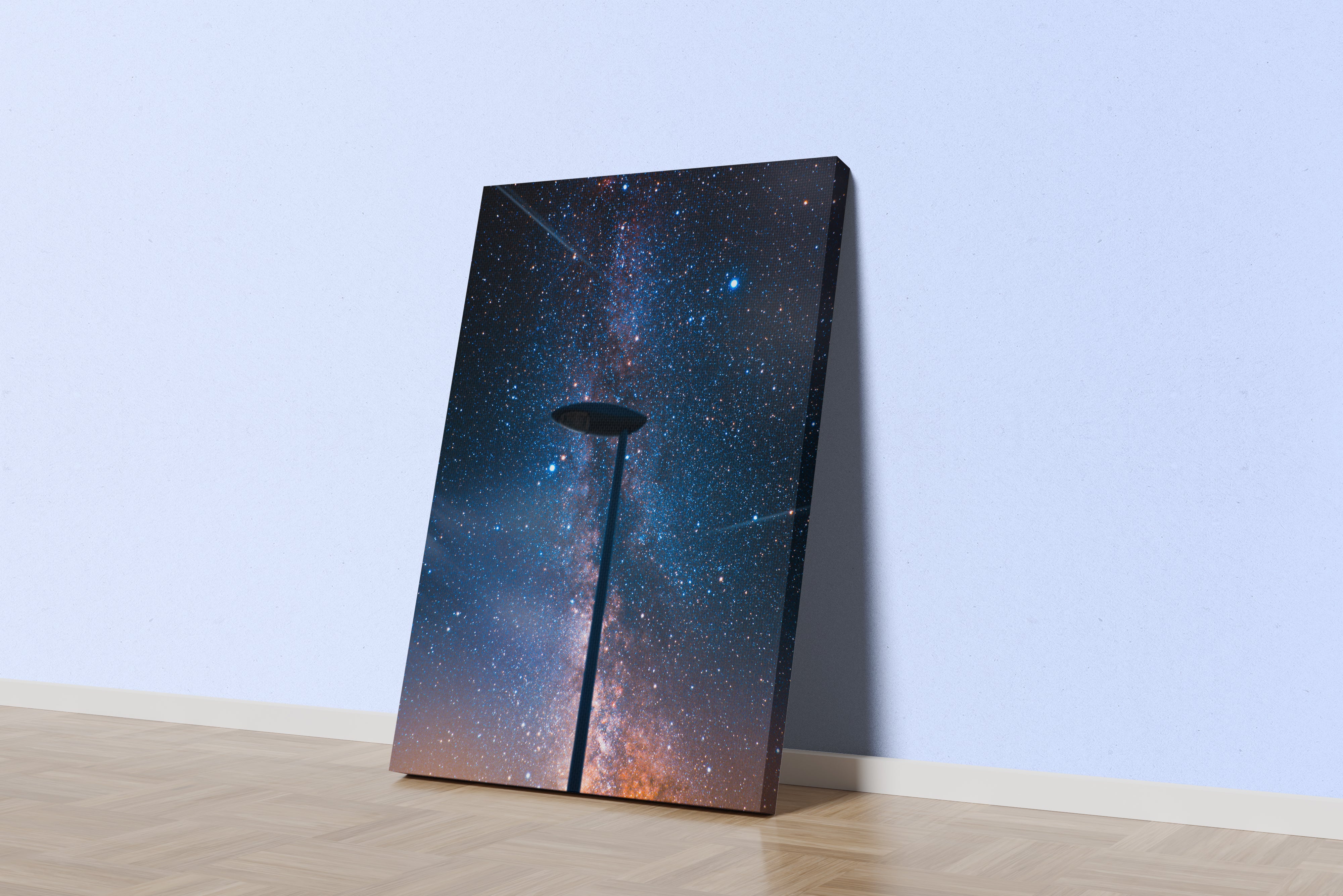 a street lamp silhouetted against a breathtaking starry night sky full of the milky way, abstract, art, kanvas tablo