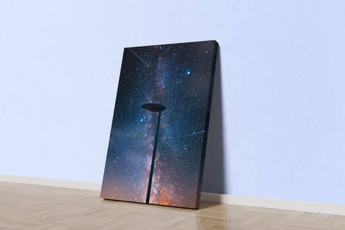 a street lamp silhouetted against a breathtaking starry night sky full of the milky way, abstract, art, kanvas tablo
