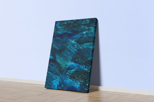 a close-up of a textured abstract painting with brushstrokes in deep blue and teal, abstract, art, kanvas tablo