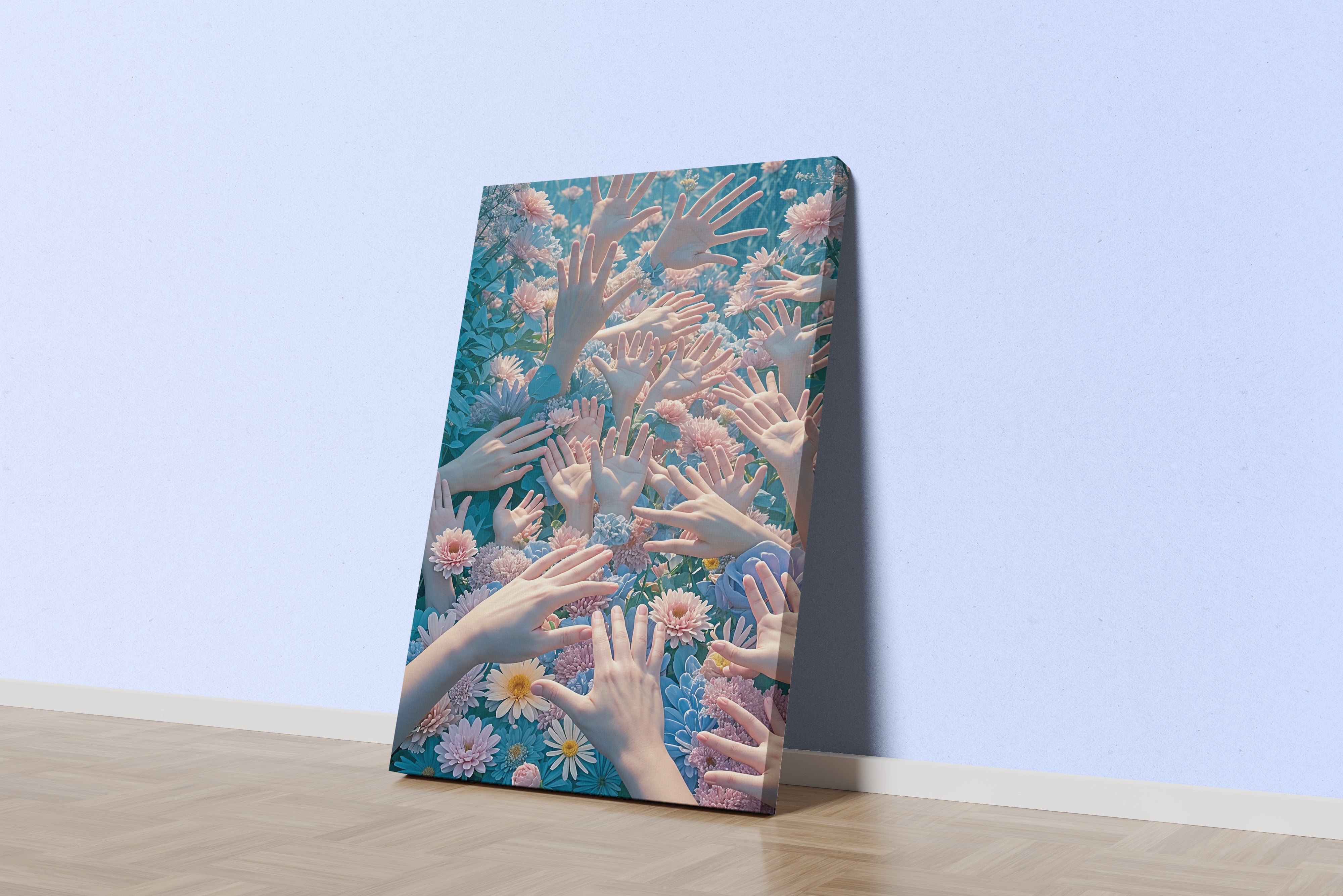 ai creation, hands jumping out of a field of flowers, ai art, art, kanvas tablo