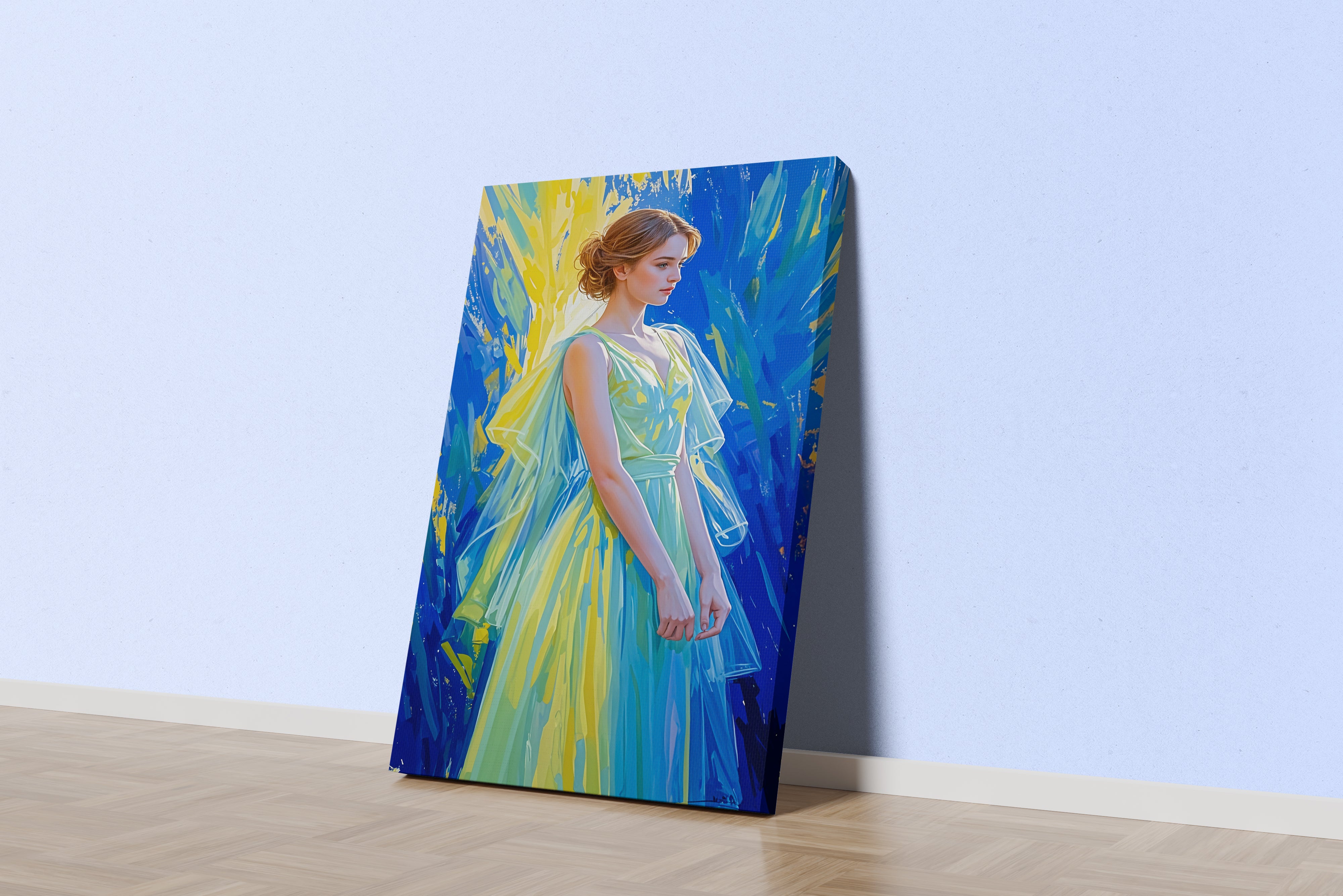 ai creation, woman in blue and yellow tones dress in oil painting style, ai art, art, kanvas tablo