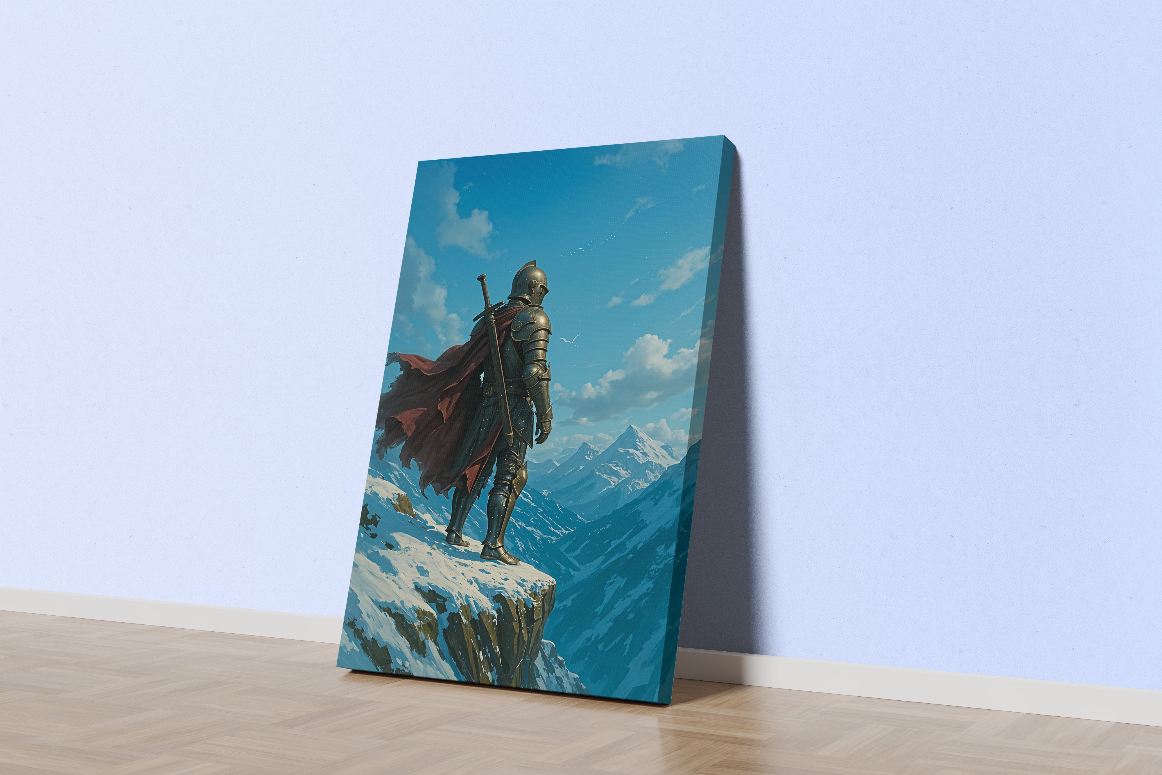 ai creation, warrior watching the mountains from the edge of the cliff, ai art, art, kanvas tablo