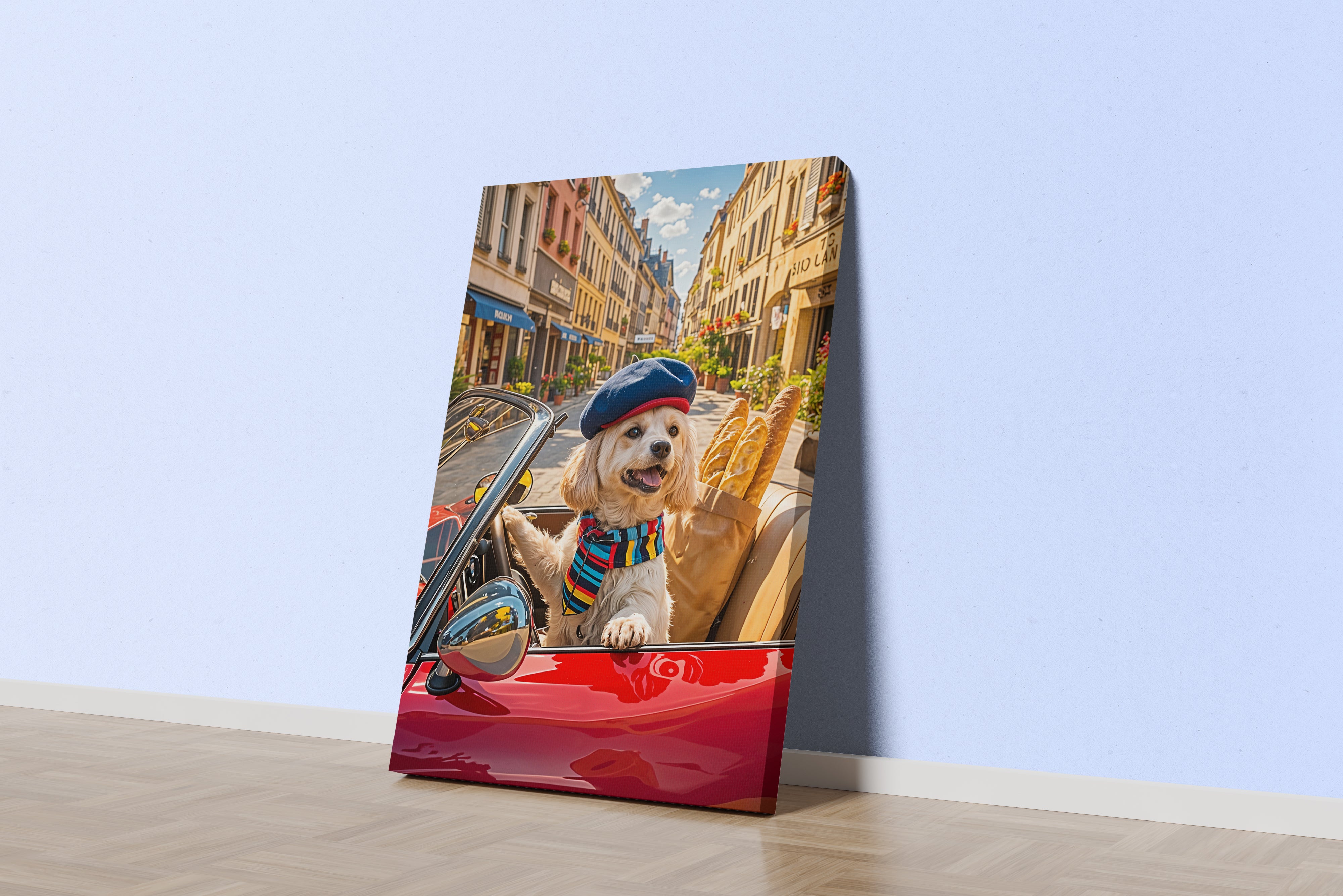 ai creation, modern dog driving a car with his cool hat, ai art, art, kanvas tablo