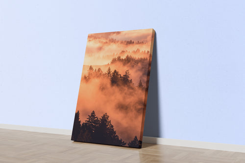 a beautiful landscape of foggy mountains with layers of trees at golden hour sunrise, abstract, art, kanvas tablo