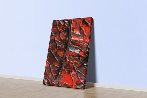 a macro photograph of thick, glossy red and black paint with deep textured ridges, abstract, art, kanvas tablo