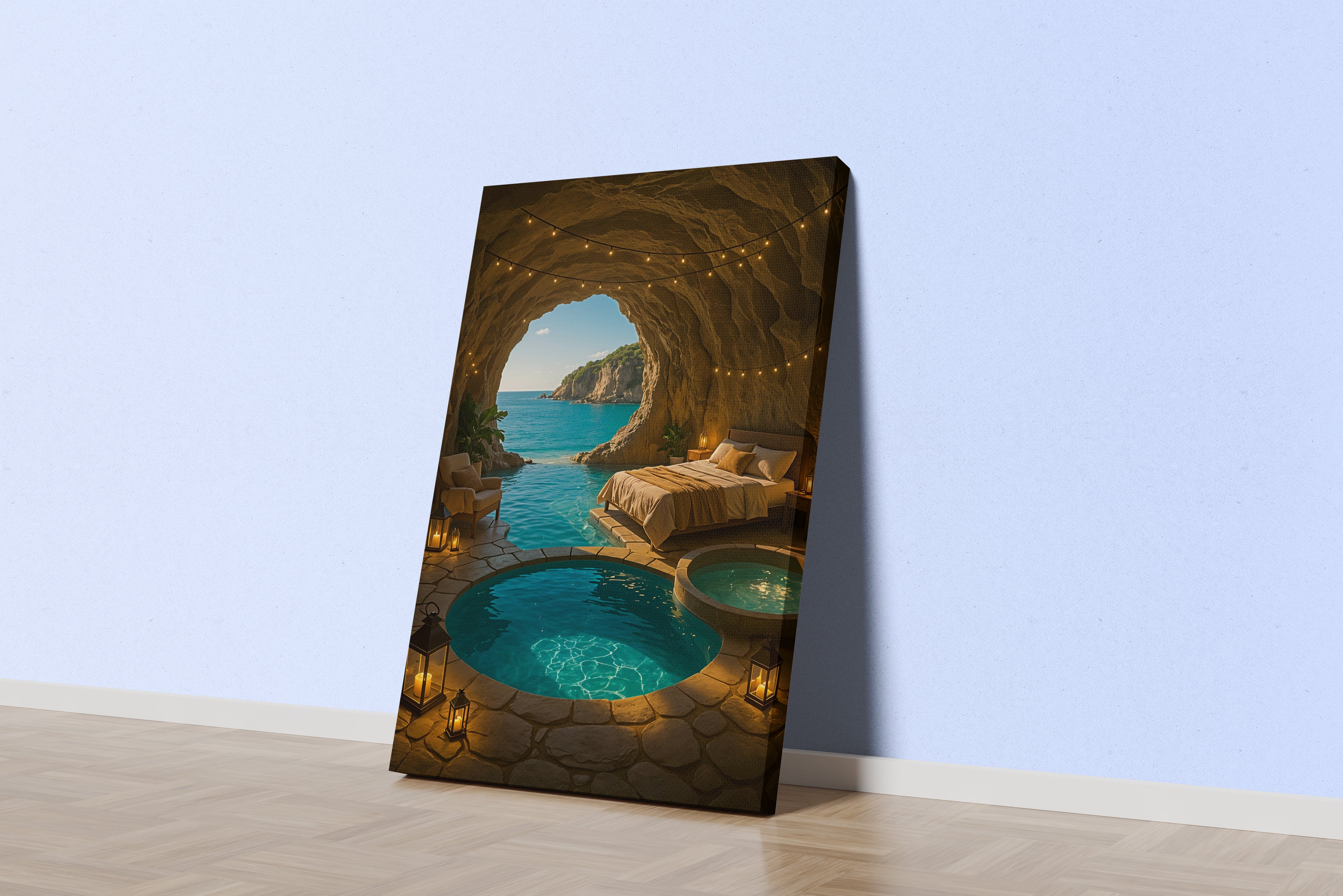 ai creation, hotel room inside the cave and sea view model 1, ai art, art, kanvas tablo